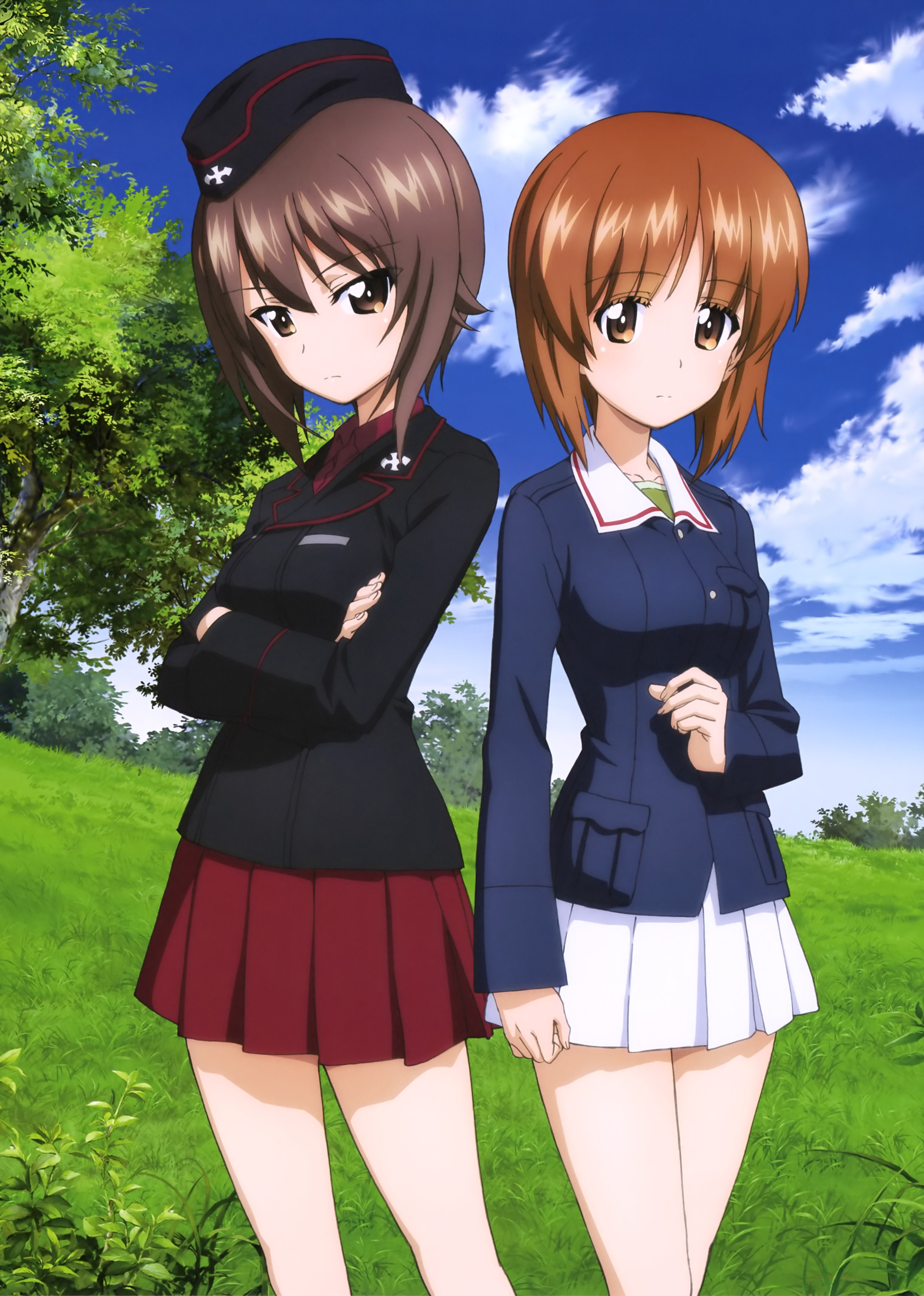 Anime 2896x4060 anime anime girls Nishizumi Maho Nishizumi Miho uniform short hair brunette brown eyes skirt grass Girls und Panzer