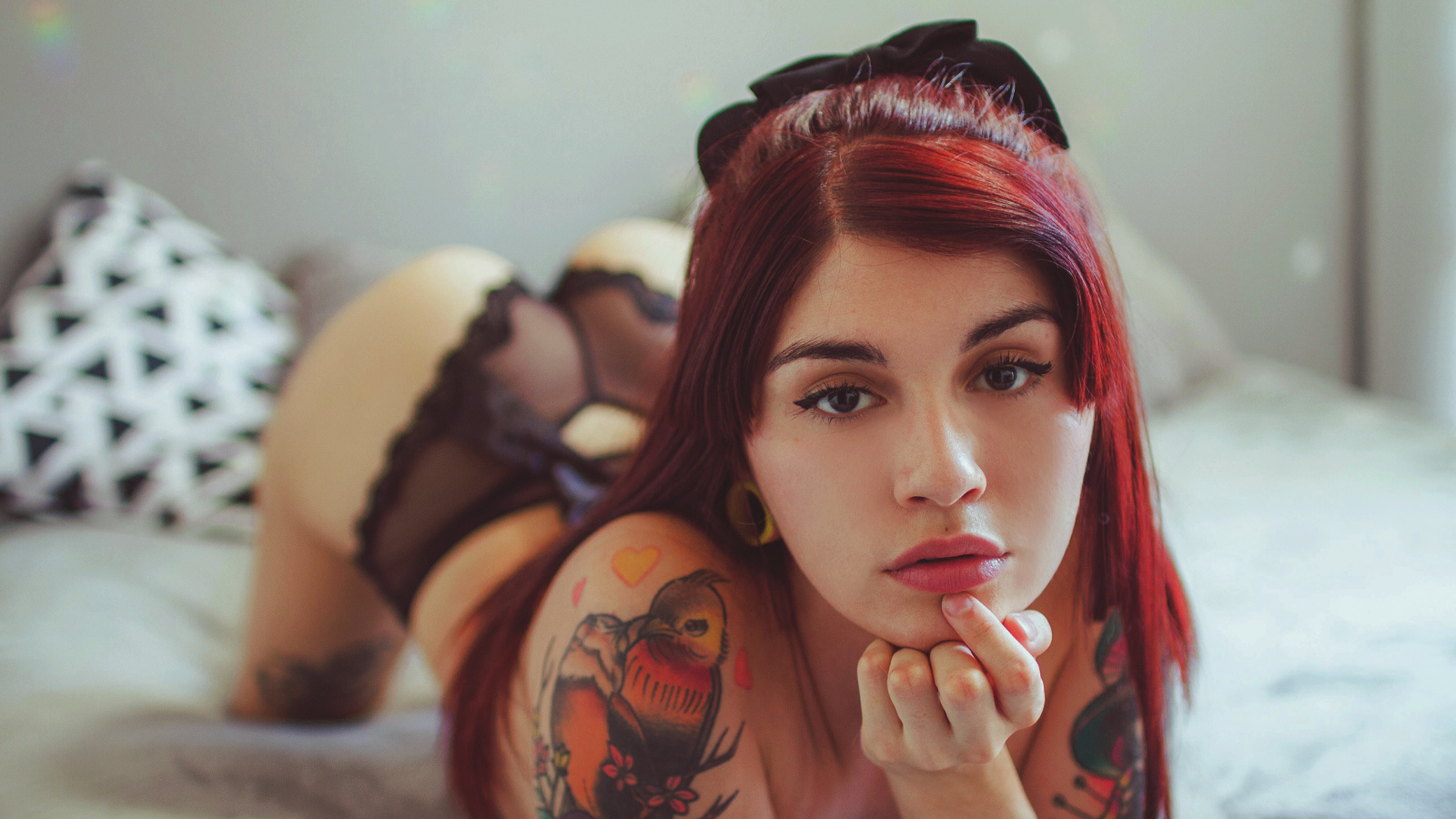 People 1600x900 Almendra Suicide women Suicide Girls in bed rear view dyed hair black lingerie tattoo