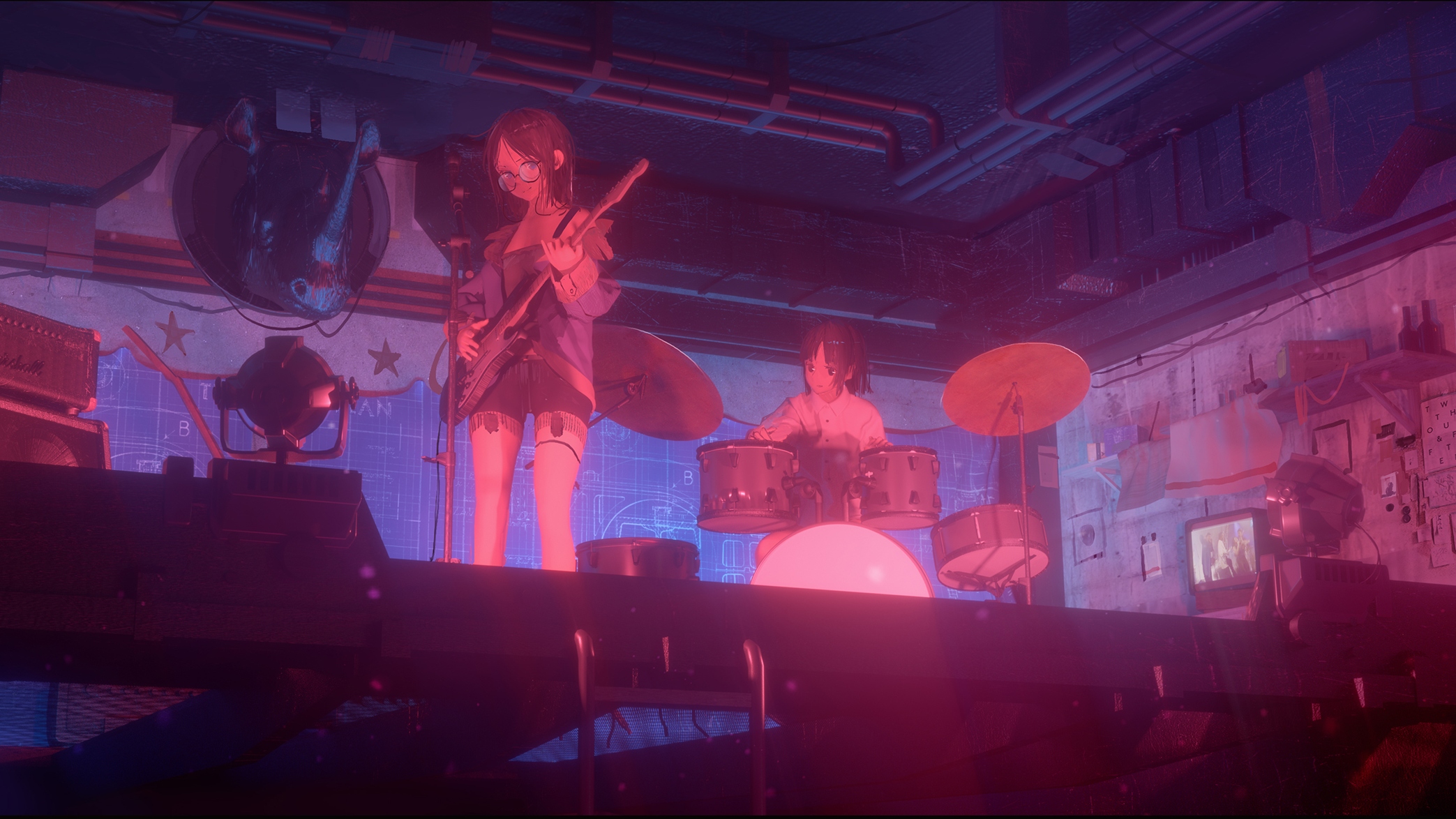 Anime 2087x1174 guitar drums anime girls musical instrument anime novelance