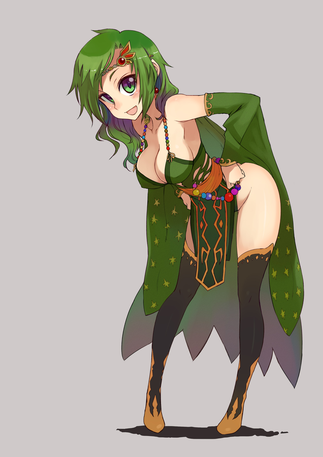 Anime 1254x1771 Kusanagi Tonbo Rydia Final Fantasy IV green hair green eyes cleavage suggestive Rydia (Adult) thighs bent over thigh-highs jewelry low neckline