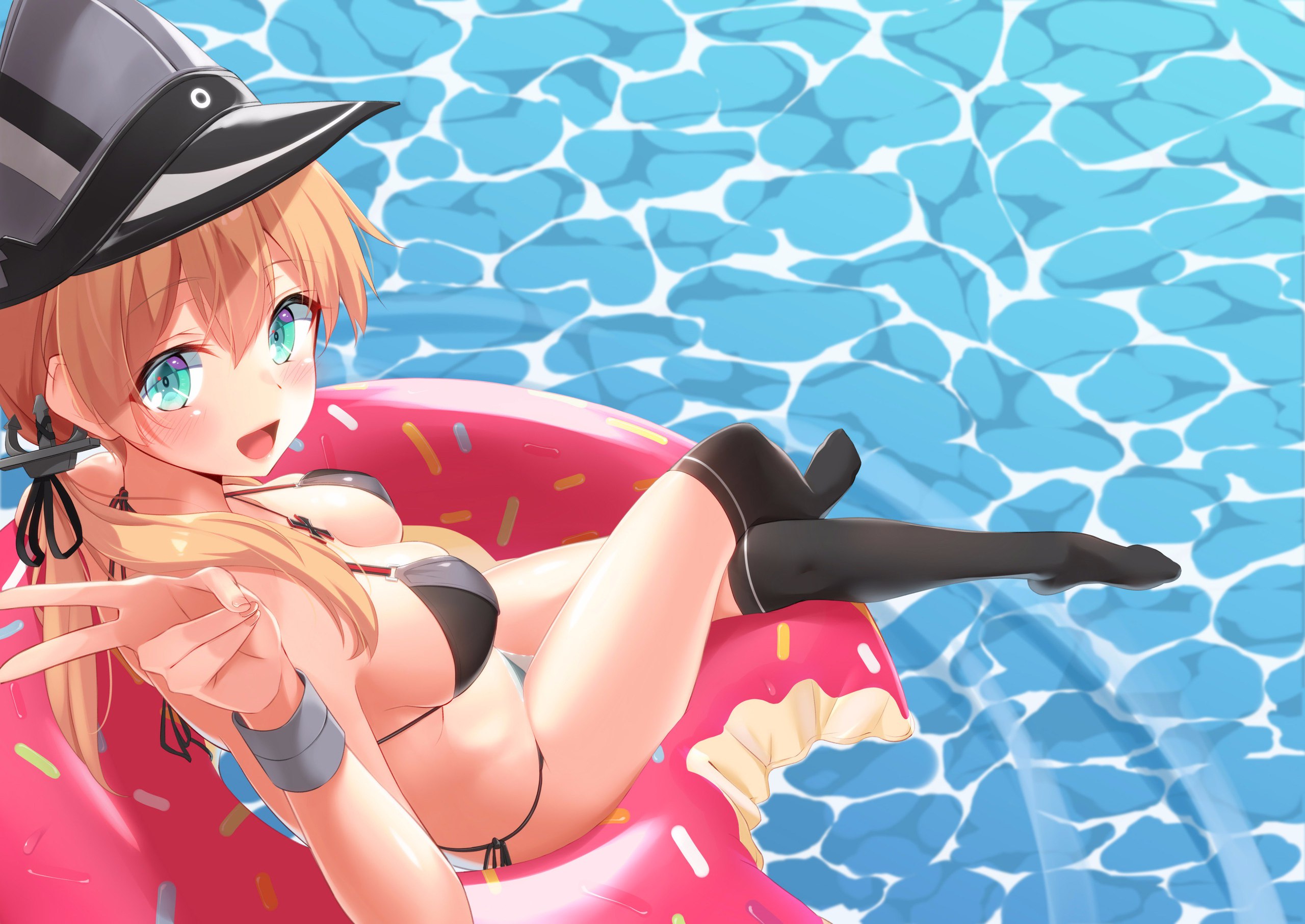Anime 2560x1813 Prinz Eugen (KanColle) Kantai Collection water big boobs blonde open mouth peace sign hand gesture high angle