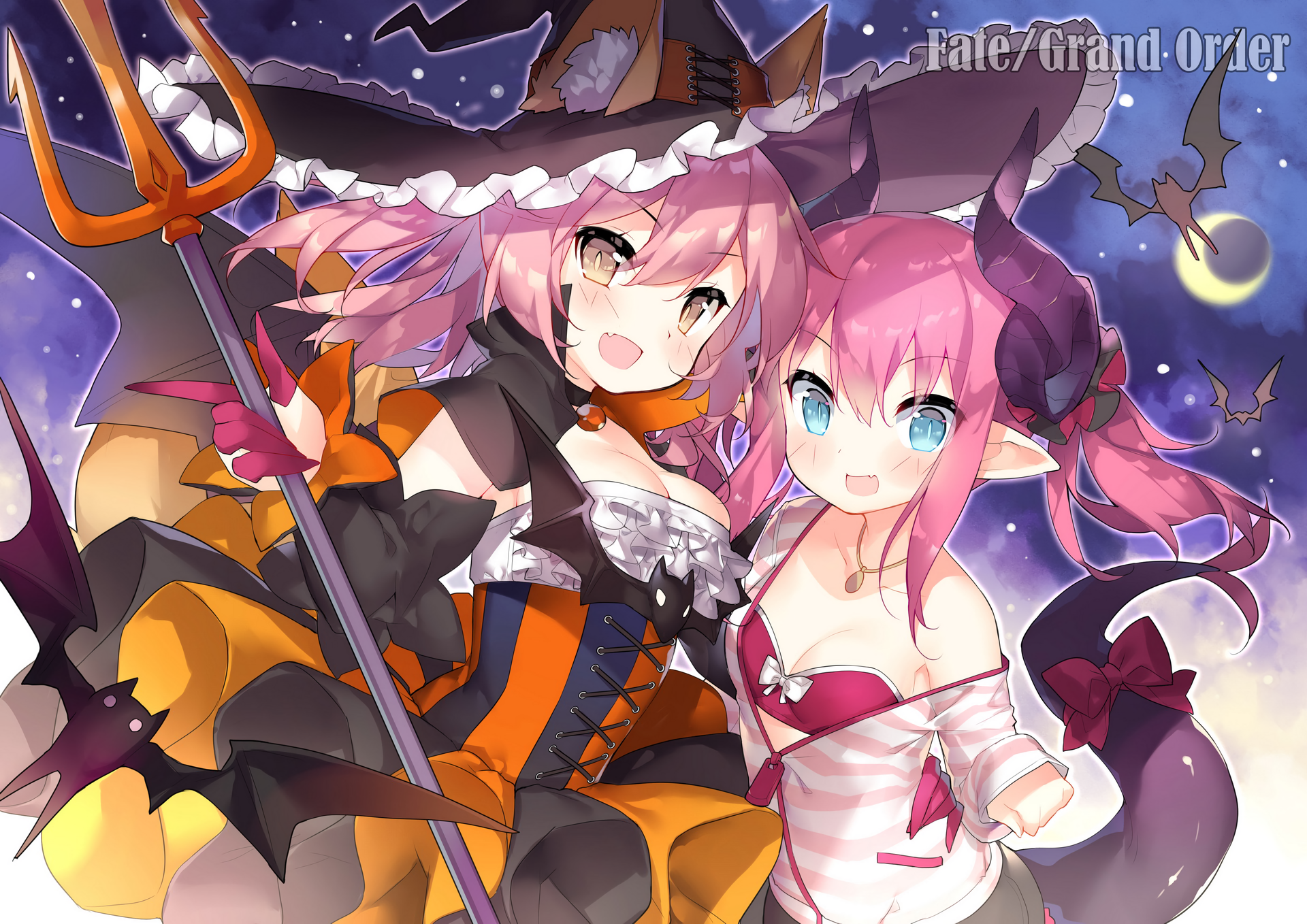Anime 1920x1358 Halloween witch hat hat animals aqua eyes bats blushing hair bows demon fangs fox girl horns long hair Moon necklace pink hair tail weapon Fate/Grand Order