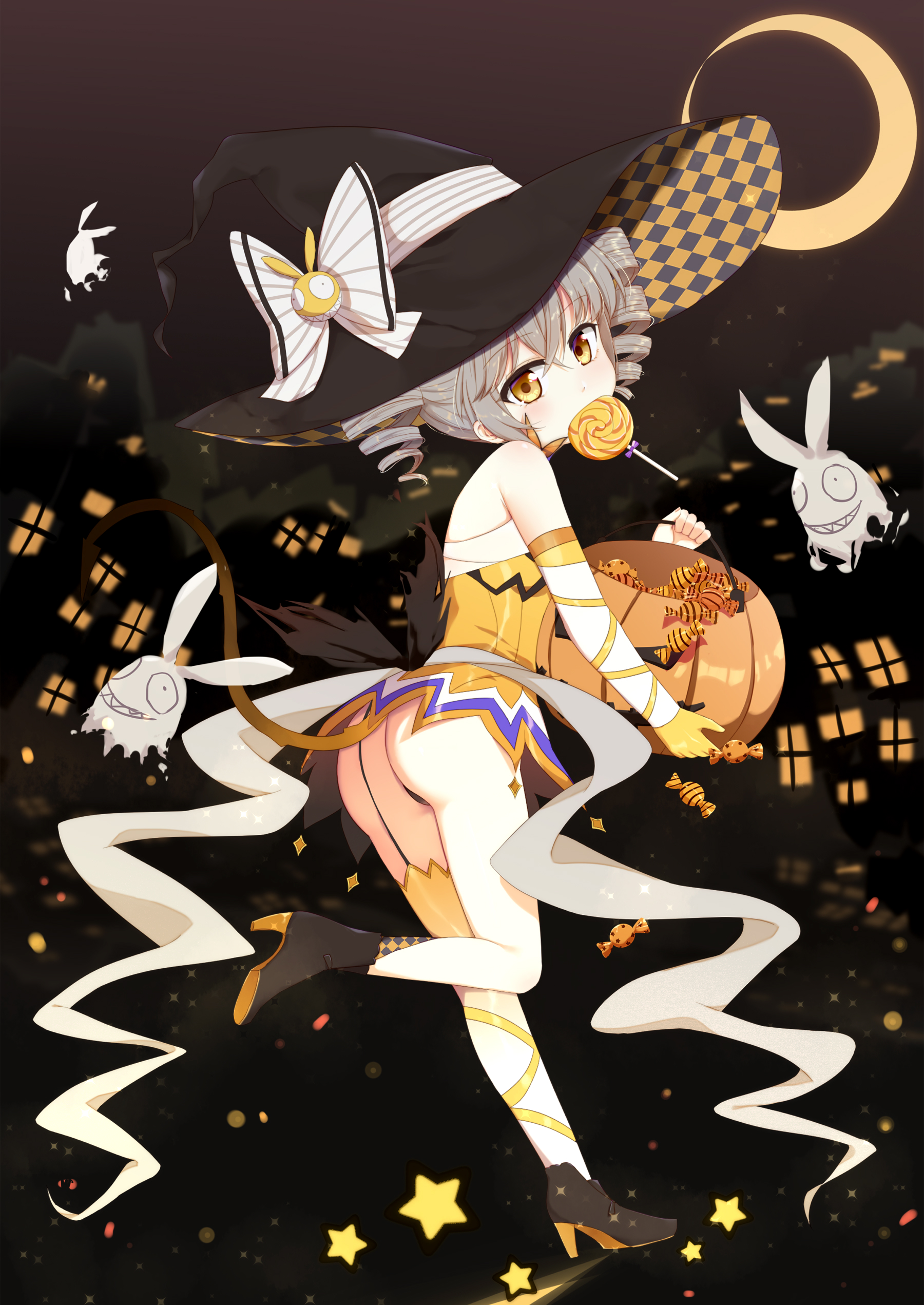 Anime 1800x2542 Halloween pumpkin witch hat ass dress heels panties stockings thigh-highs thong witch