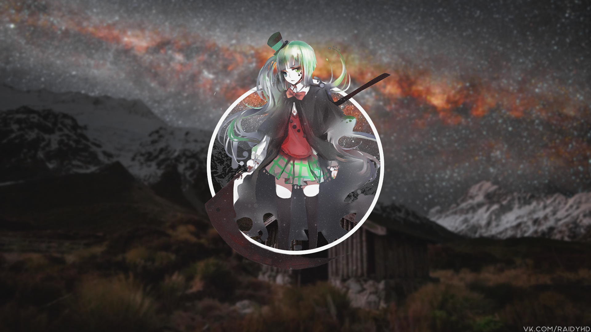 Anime 1920x1080 anime anime girls picture-in-picture hat funny hats women with hats landscape New Zealand green hair long hair green eyes mountains nature stockings