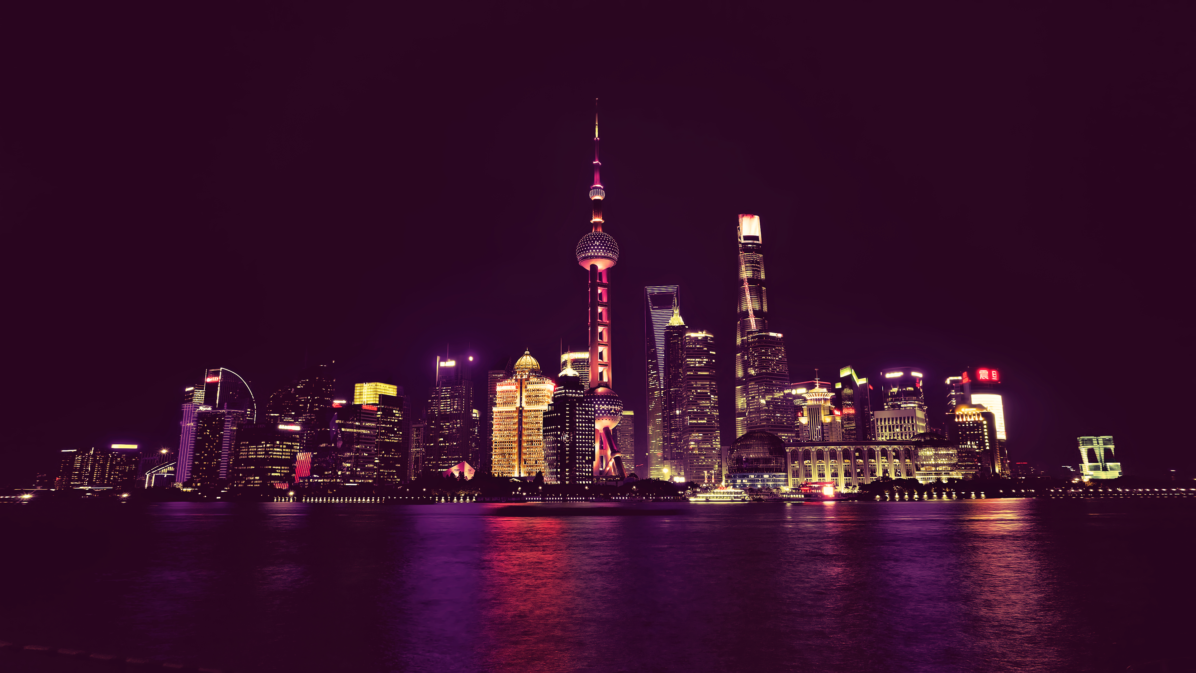 General 3840x2160 cityscape night landscape neon city lights China water Shanghai low light