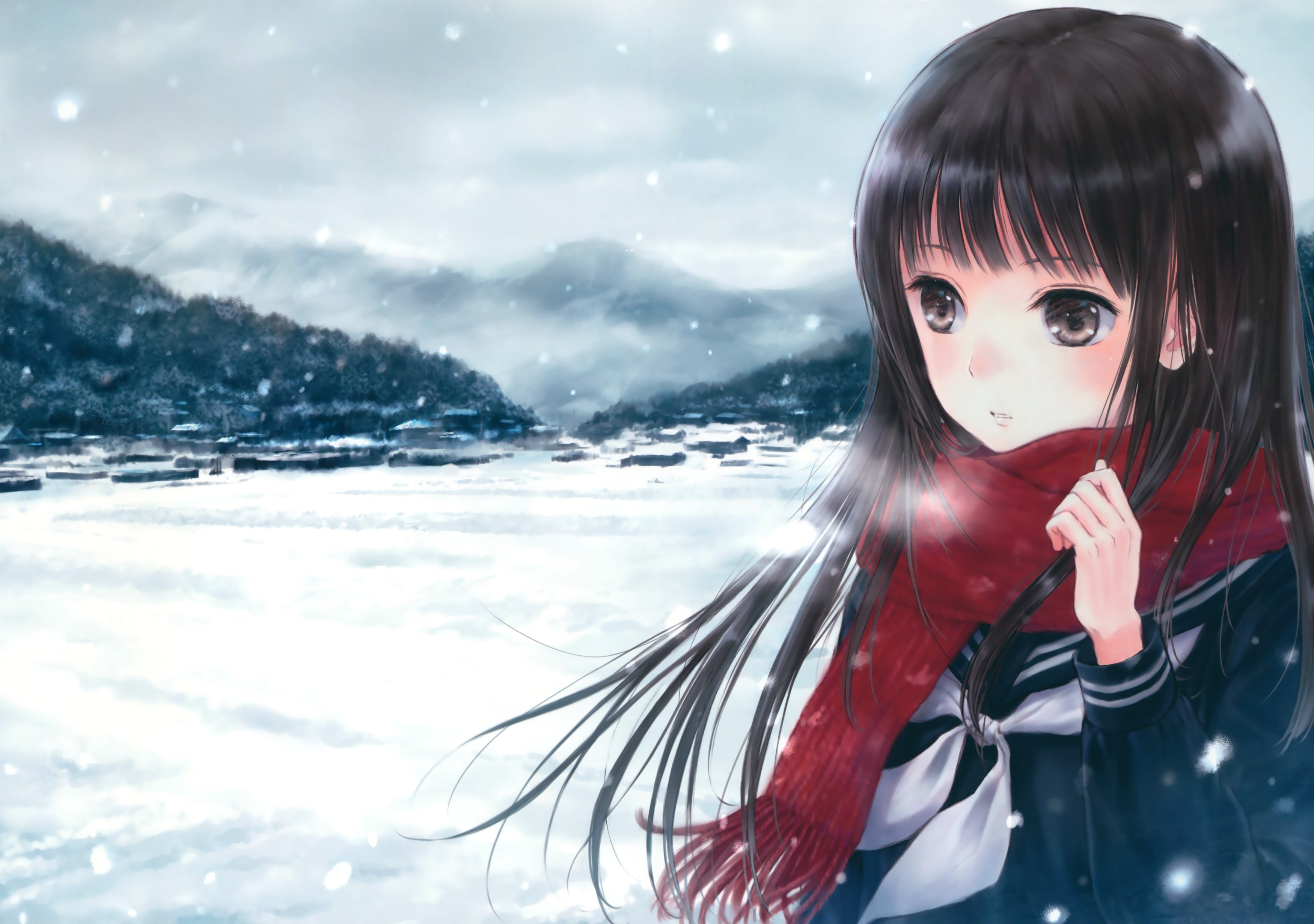 Anime 3500x2462 anime anime girls snow scarf original characters school uniform cold outdoors dark hair landscape women outdoors