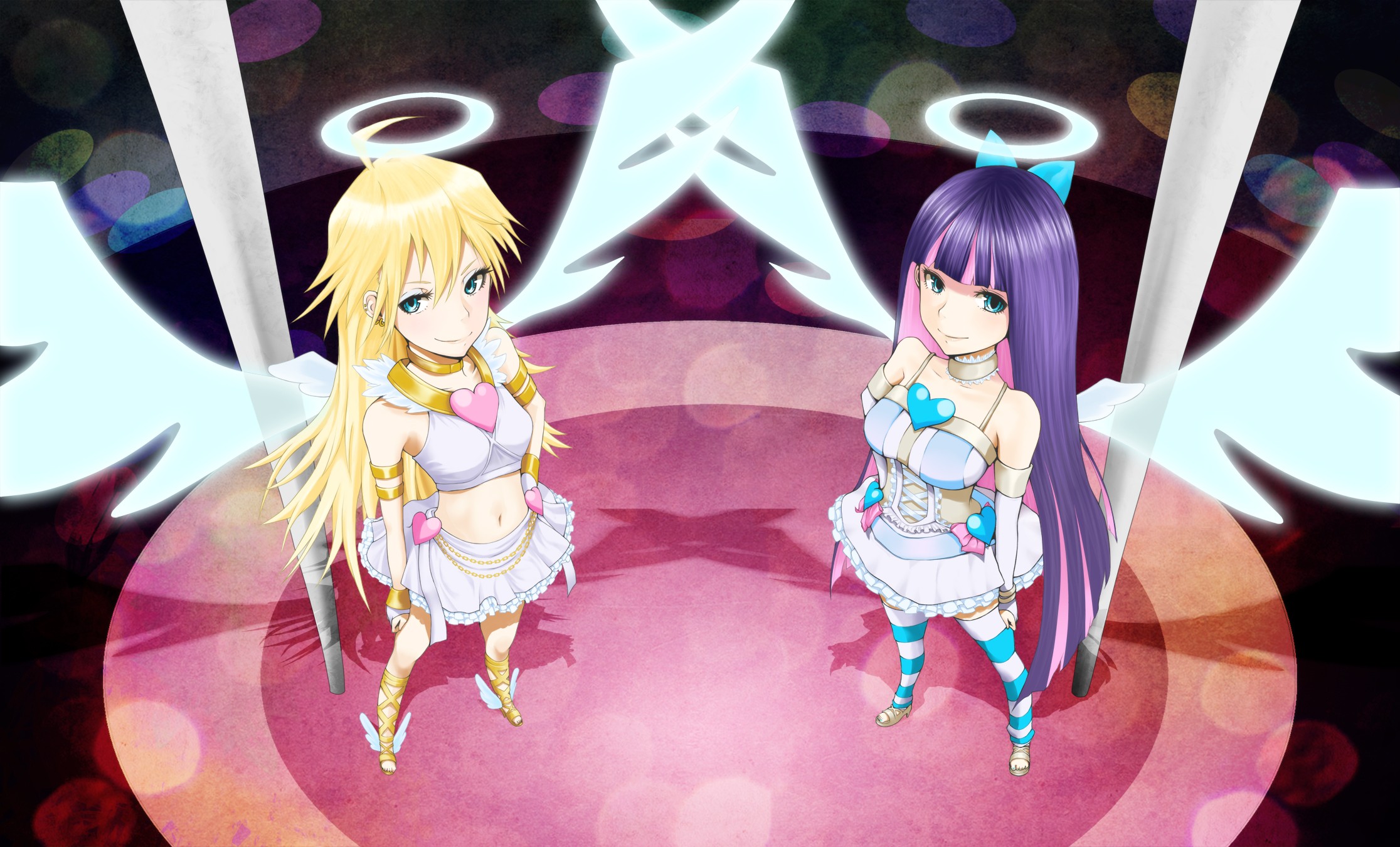 Anime 2232x1351 anime angel stockings Anarchy Stocking Anarchy Panty Panty and Stocking with Garterbelt two women anime girls blonde purple hair smiling long hair