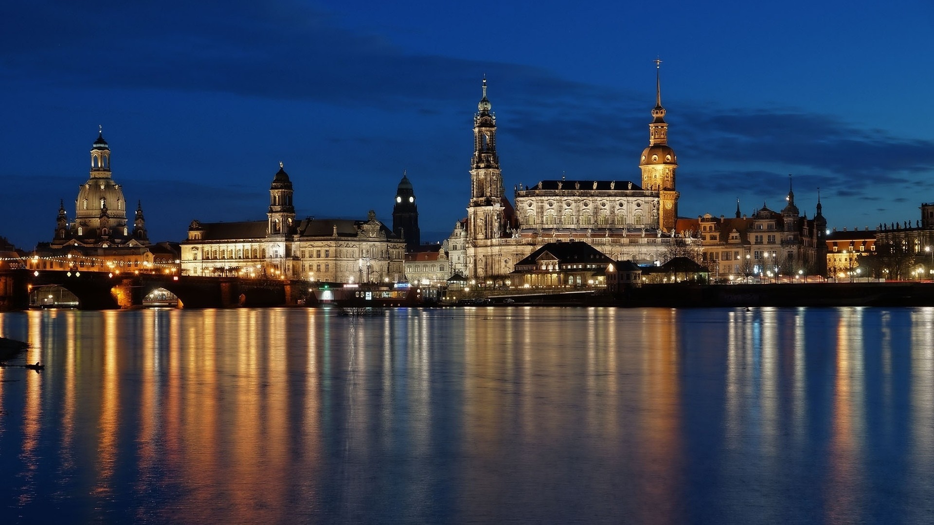 General 1920x1080 architecture old building lights evening city Dresden Germany water river church dome cathedral bridge reflection trees clouds tower