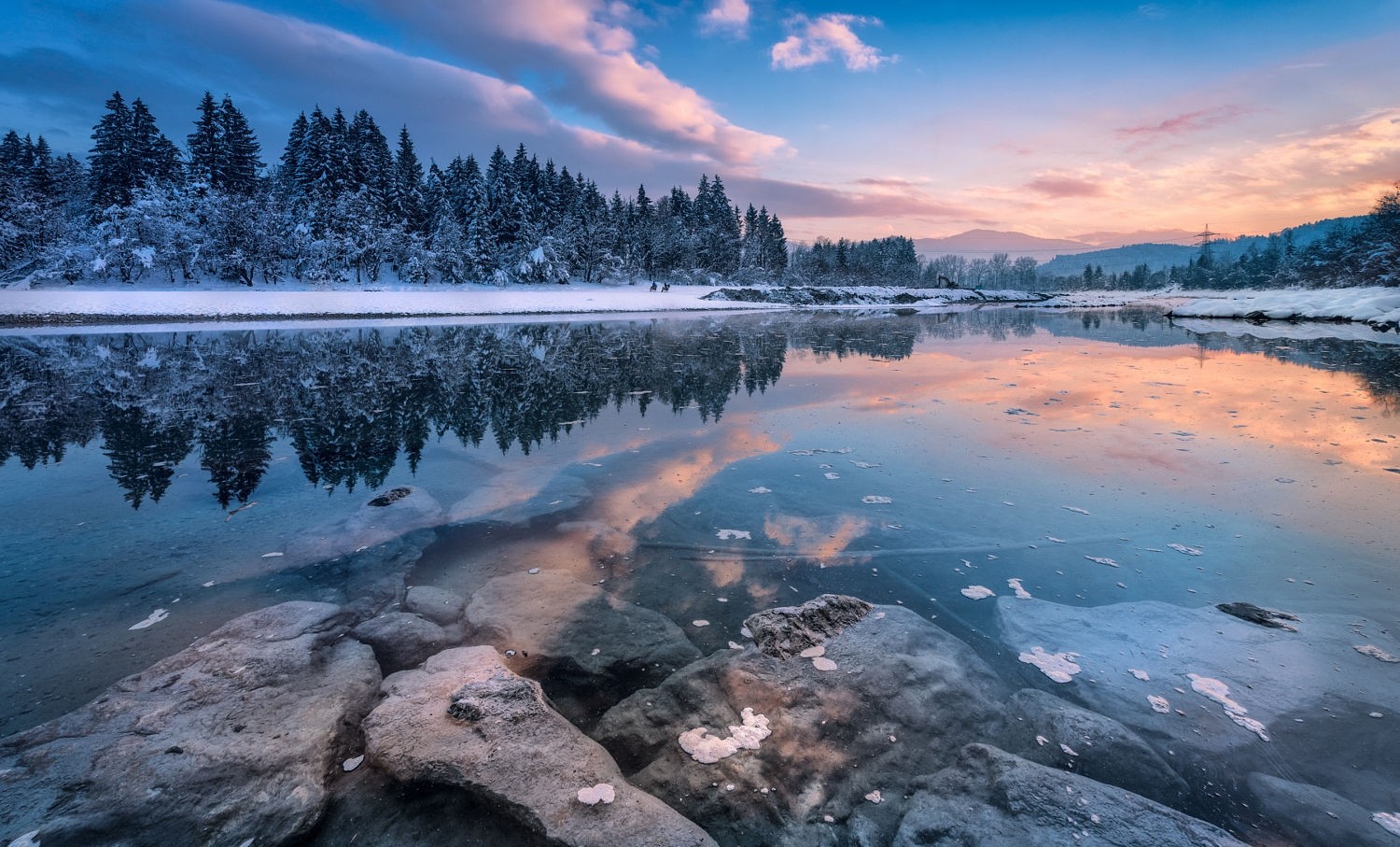 General 1500x907 nature photography landscape winter river sunset snow trees hills reflection clouds cold ice