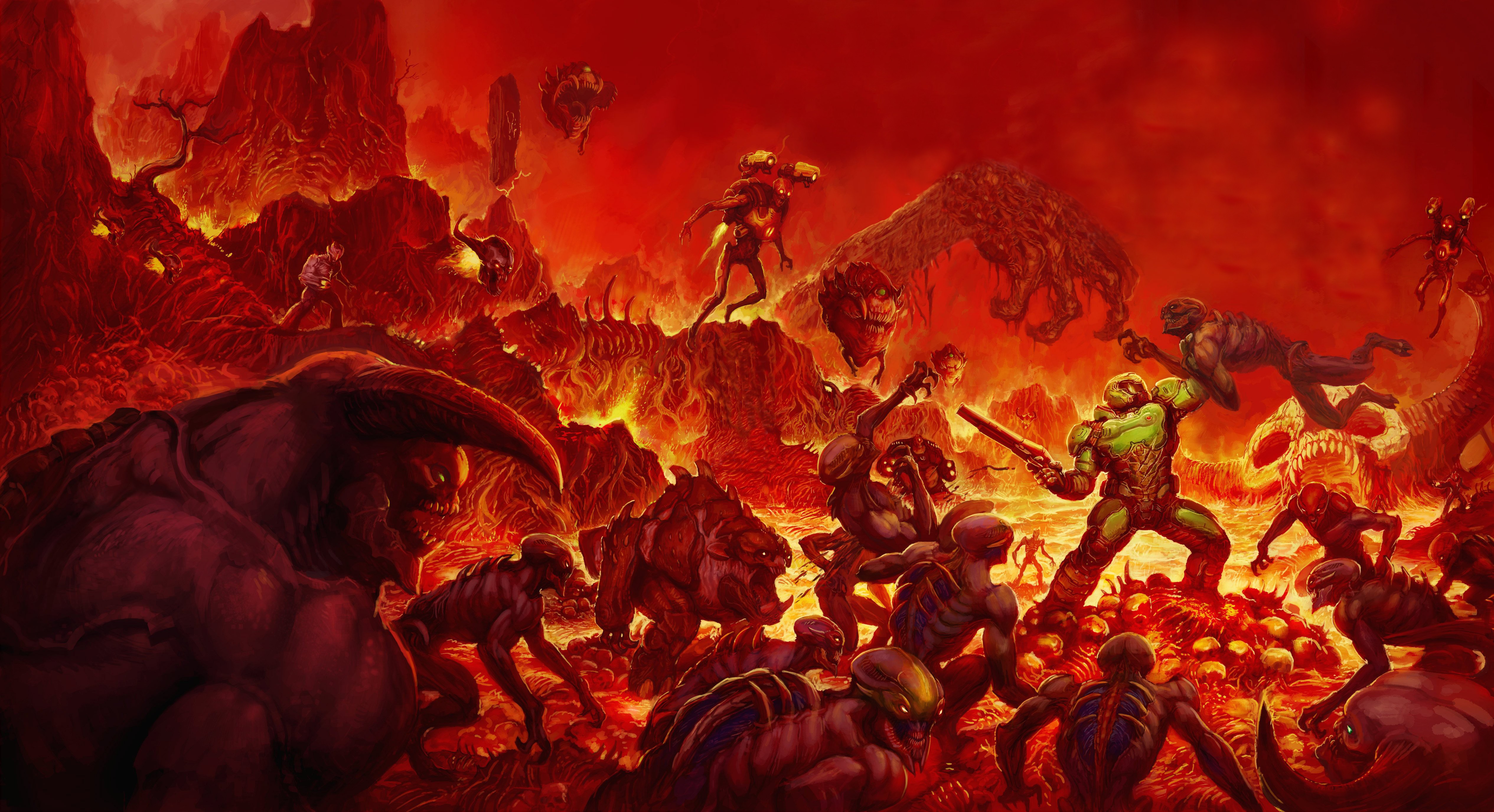 General 5060x2752 Doom (game) video games horror demon Doom 4 Bethesda Softworks Id Software Video Game Horror video game art red hell Doom (2016)