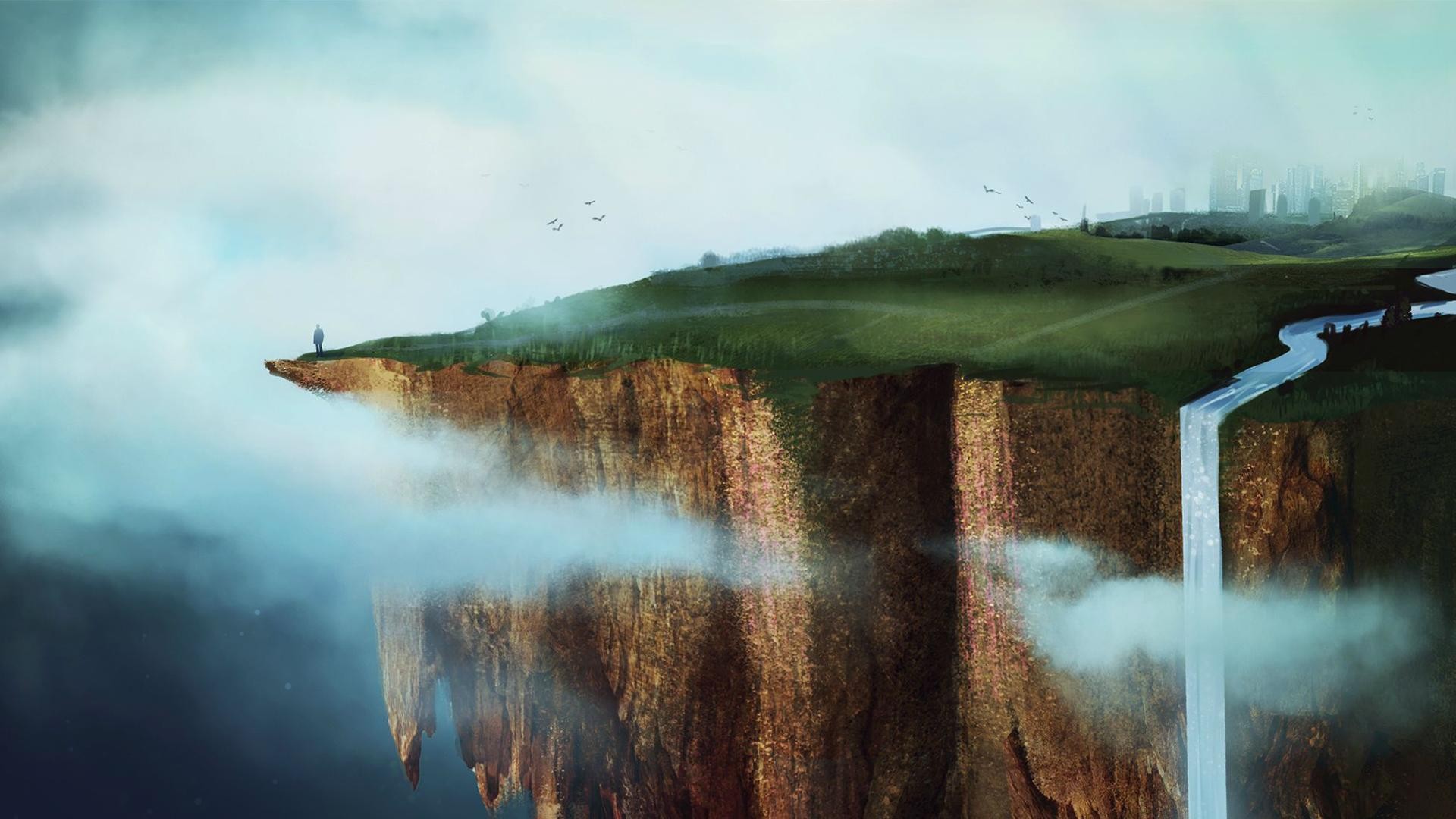General 1920x1080 artwork Monstercat landscape cliff waterfall digital art cityscape clouds alone