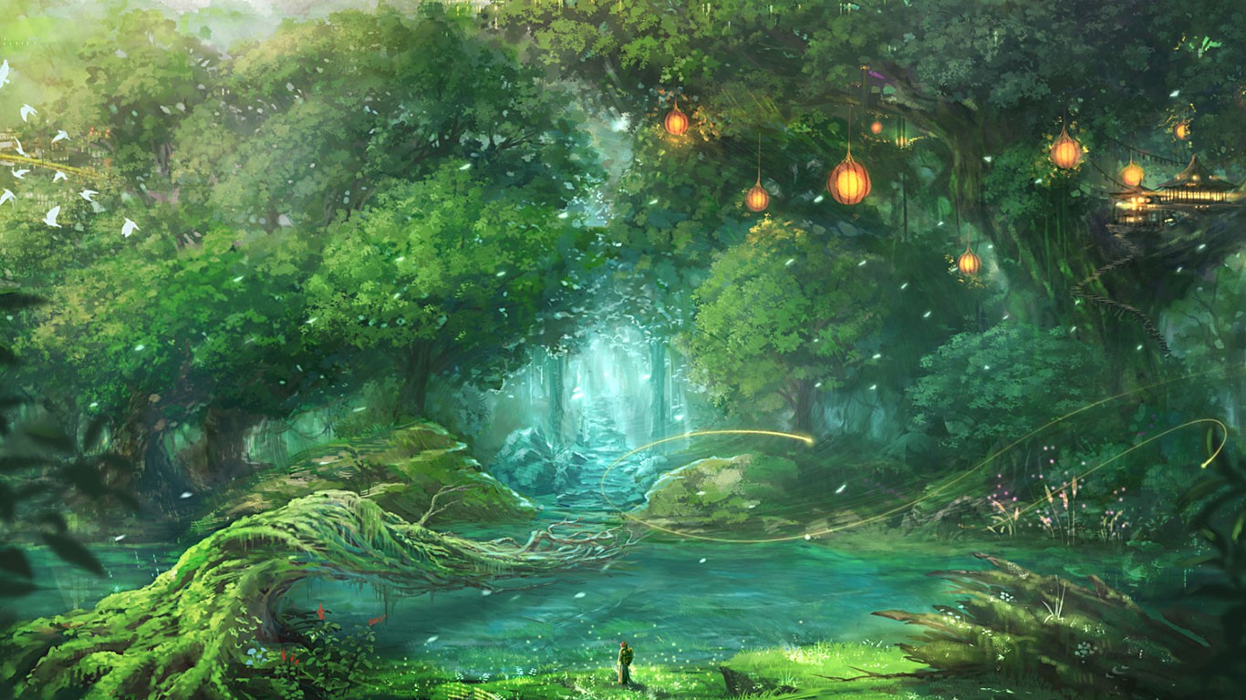 General 1366x768 forest fantasy art anime lantern trees artwork nature