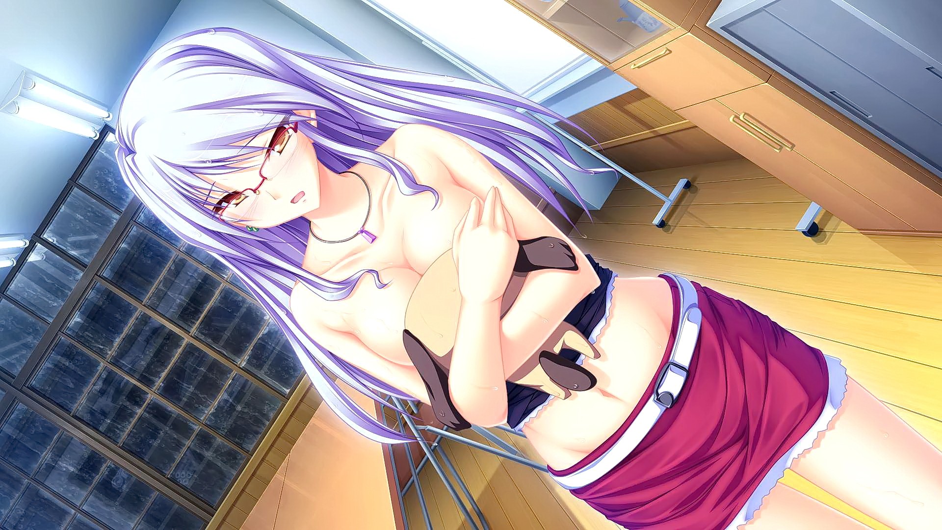 Anime 1920x1080 anime anime girls long hair yellow eyes no bra open mouth glasses looking at viewer Suzukaze no Melt visual novel white hair Tenmaso belly women with glasses arms crossed skirt