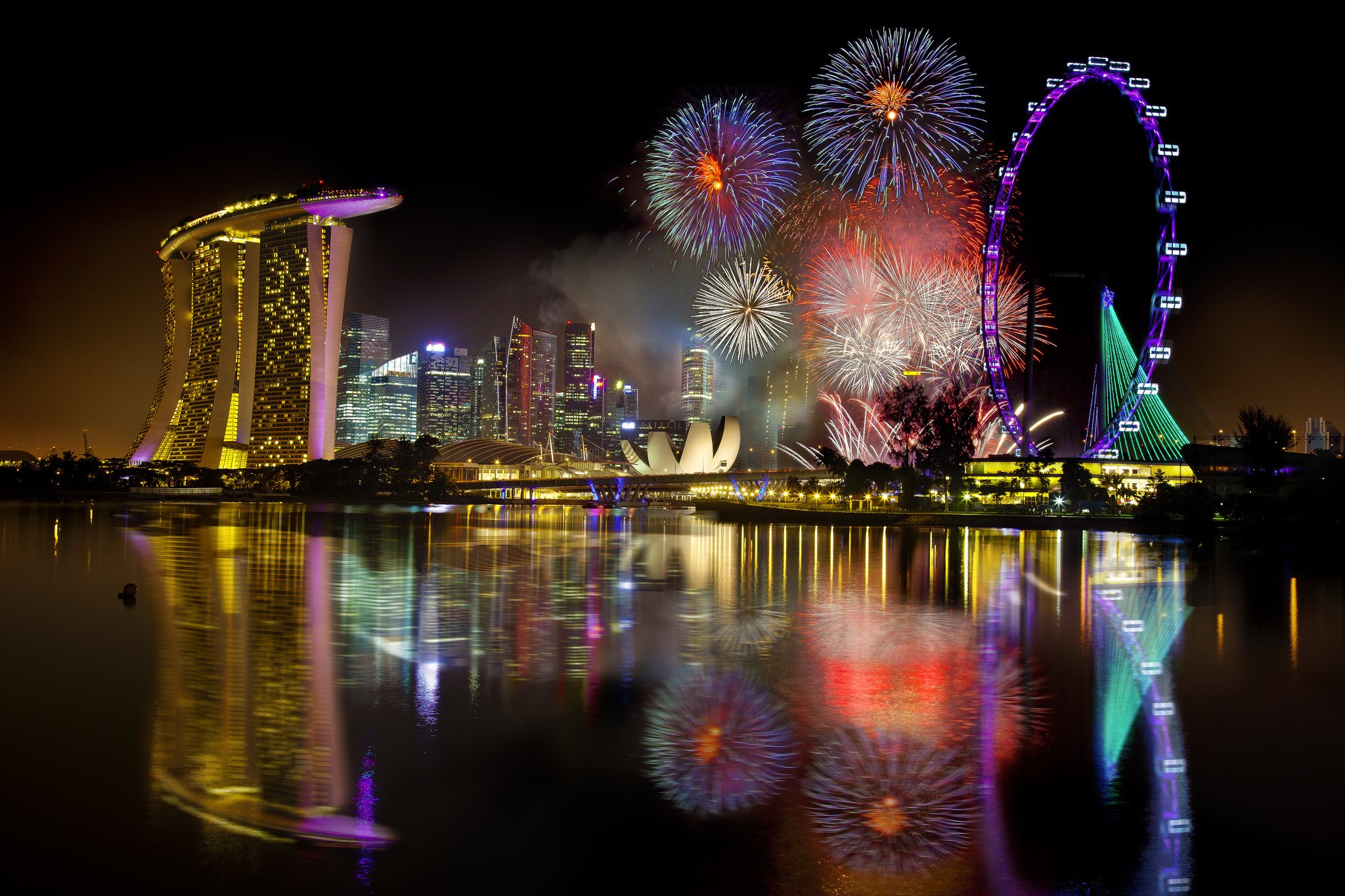General 2048x1365 fireworks city Singapore Asia city lights reflection night sky cityscape