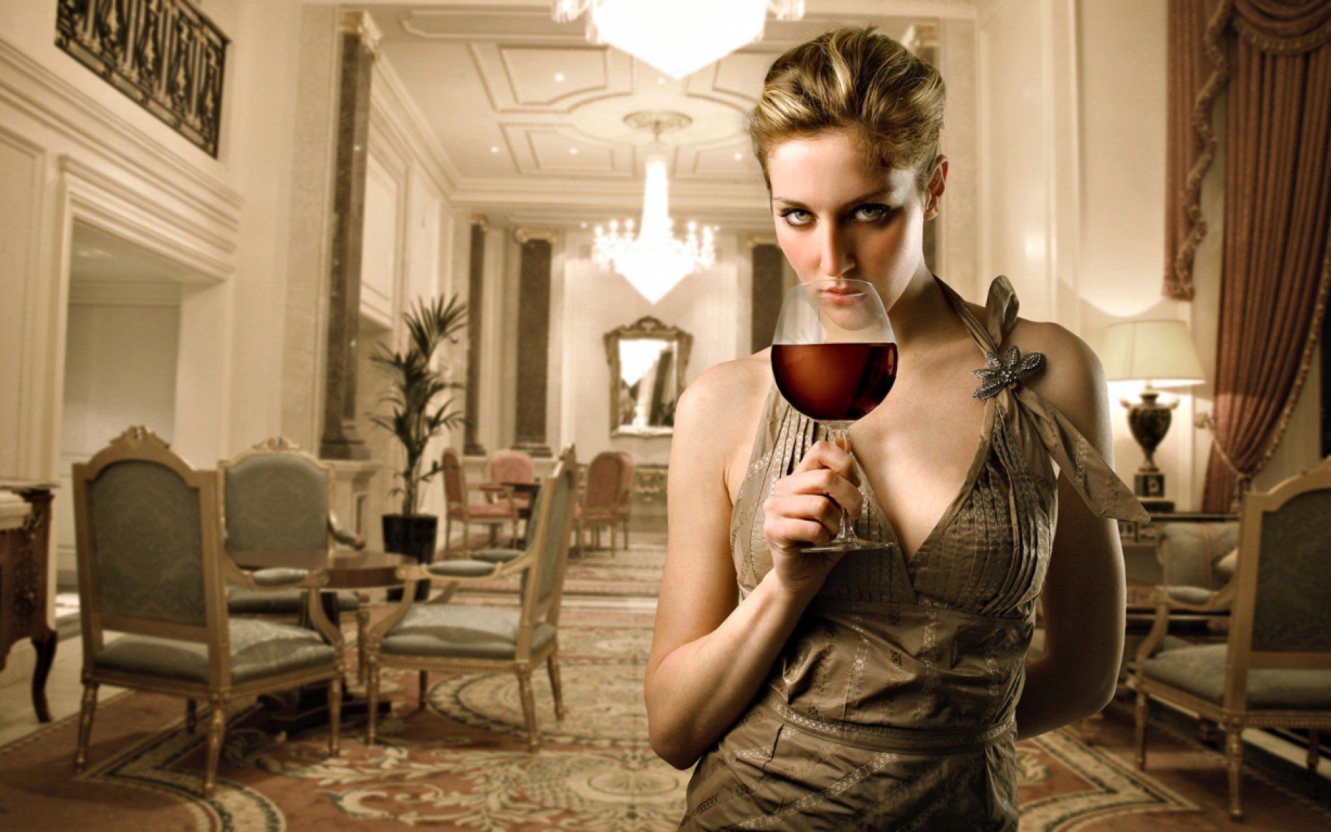 People 1920x1200 women wine drink drinking glass alcohol dress looking at viewer model blonde