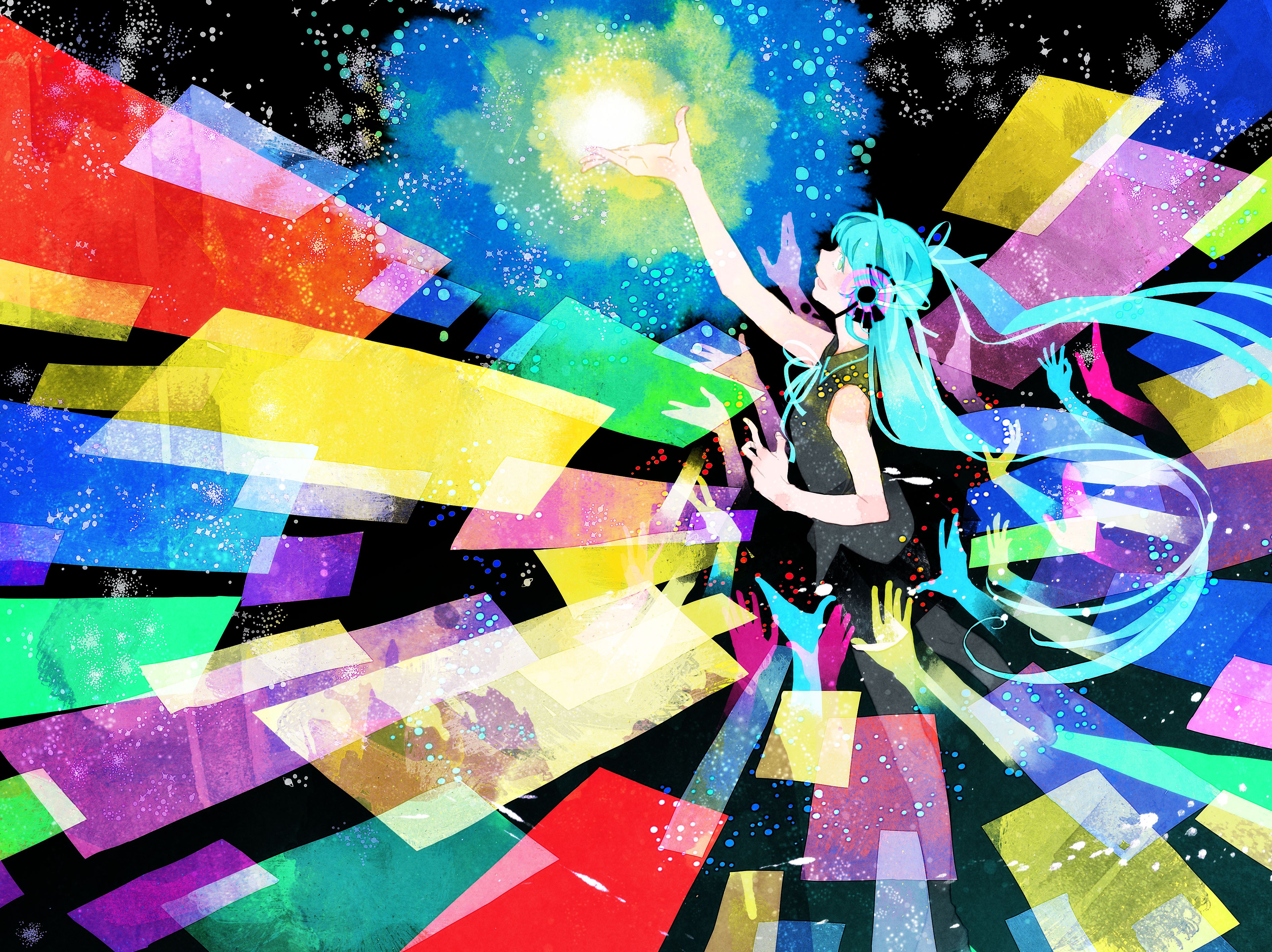 Anime 3784x2832 colorful DJ music dancing lights cyan hair long hair hands anime anime girls women