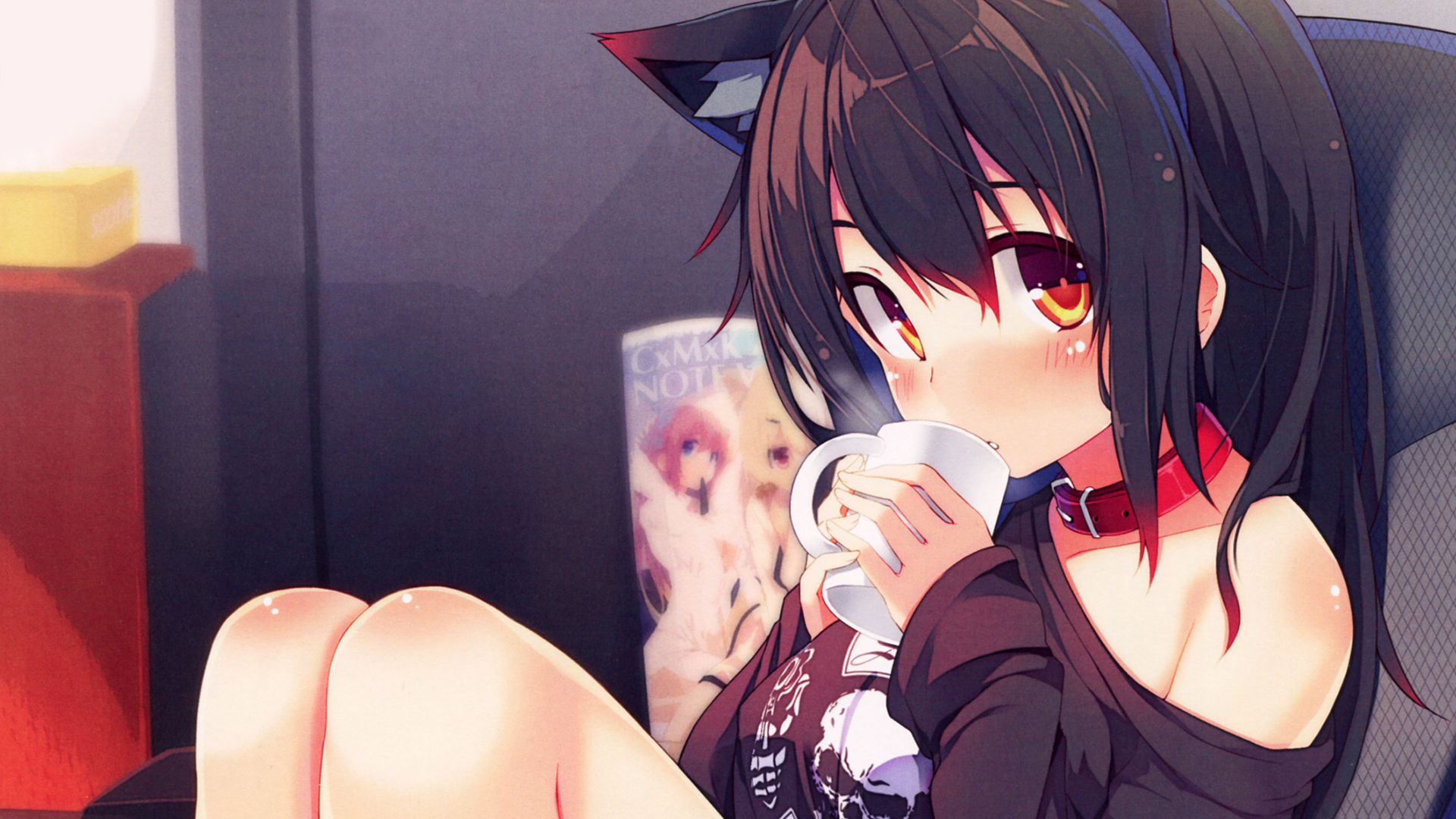 Anime 1920x1080 cat girl anime girls cup animal ears dark hair anime Chiri collar drinking looking at viewer knees thighs together