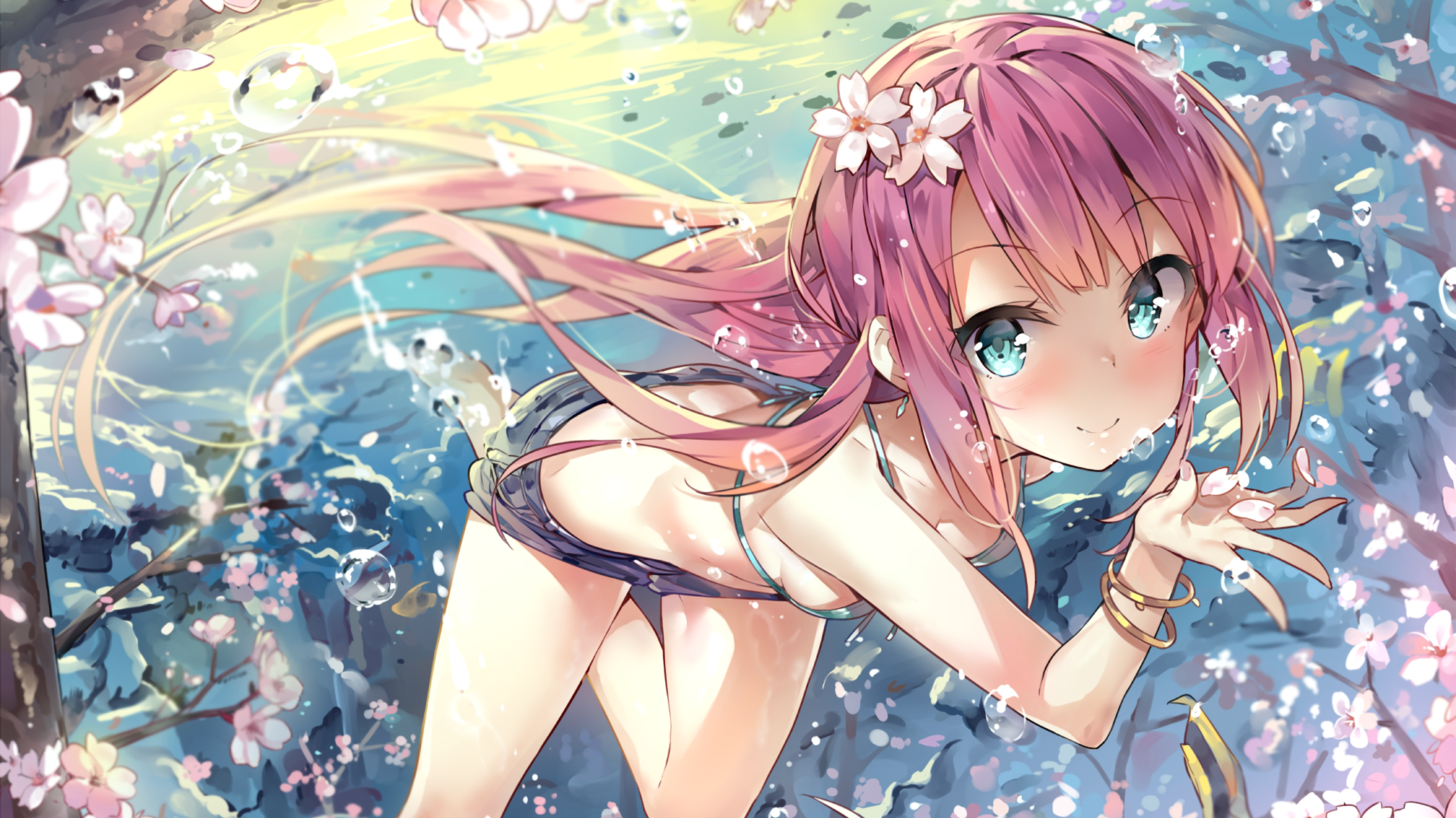 Anime 2160x1213 anime flowers water flower in hair bracelets anime girls bikini top short shorts bikini swimwear underwater looking at viewer smiling