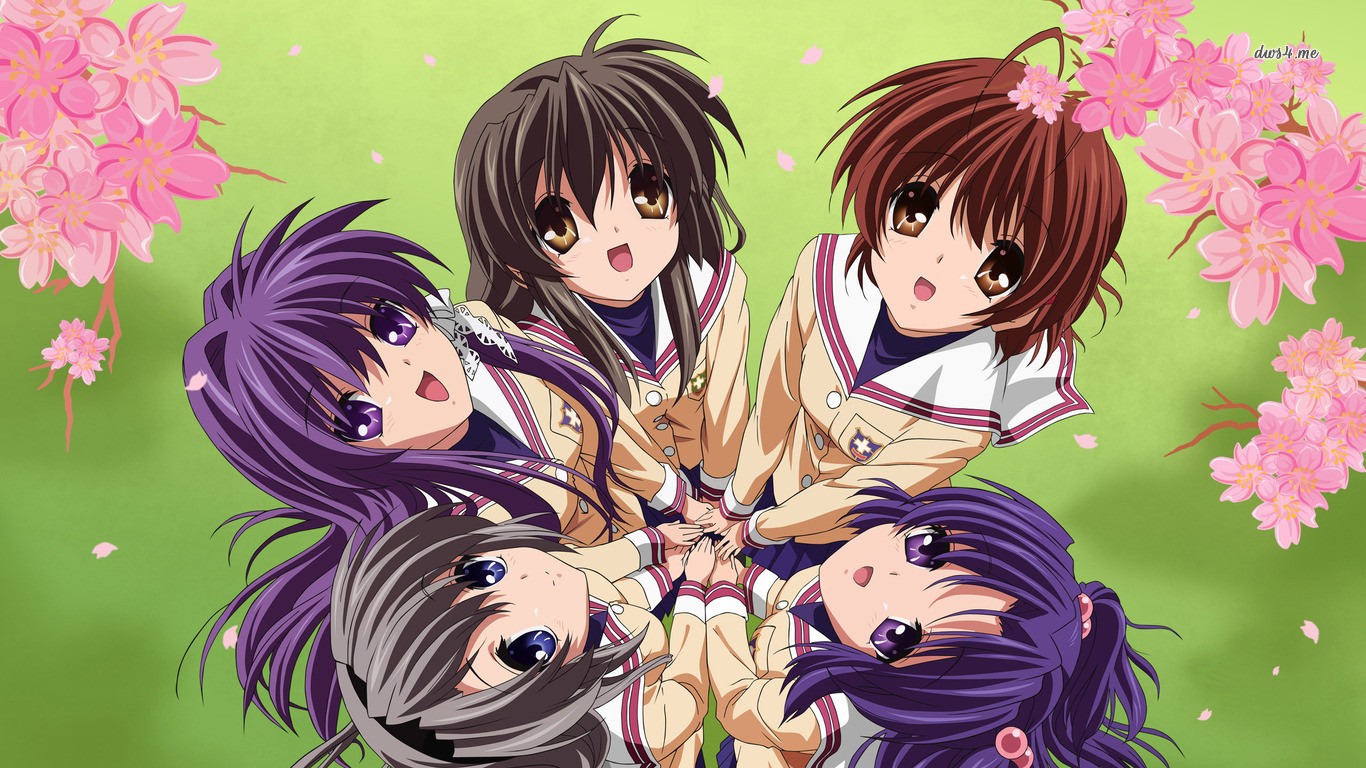 Anime 1366x768 Clannad Fujibayashi Kyou Fujibayashi Ryou Ibuki Fuko Sakagami Tomoyo Ichinose Kotomi Nagisa Furukawa group of women looking up brunette purple hair purple eyes