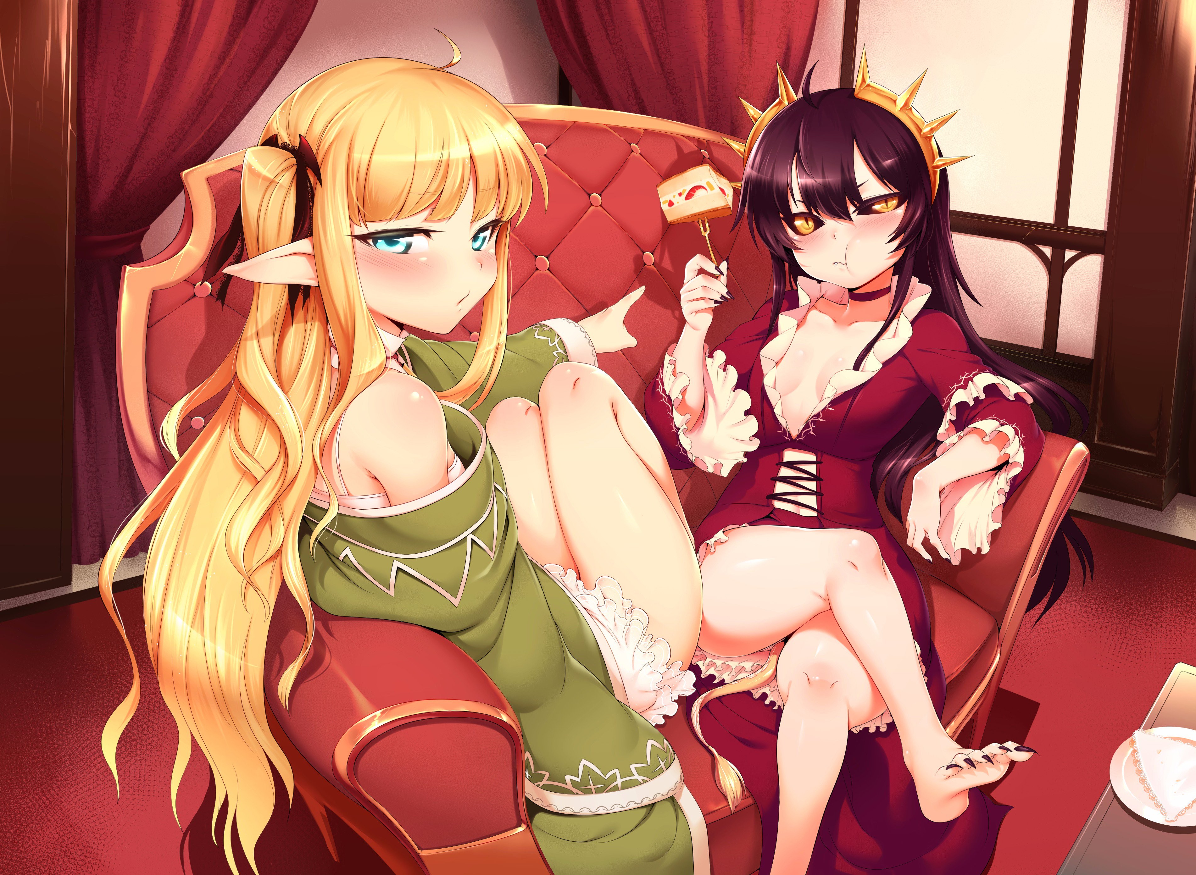 Anime 3803x2783 original characters anime girls pointy ears open shirt no bra cleavage Atelier Tanaka Rogia blonde twintails thighs bent legs sitting tail yellow eyes blue eyes eating dress bare shoulders blushing elves dragon girl anime two women women indoors painted toenails food anime girls eating aqua eyes bright