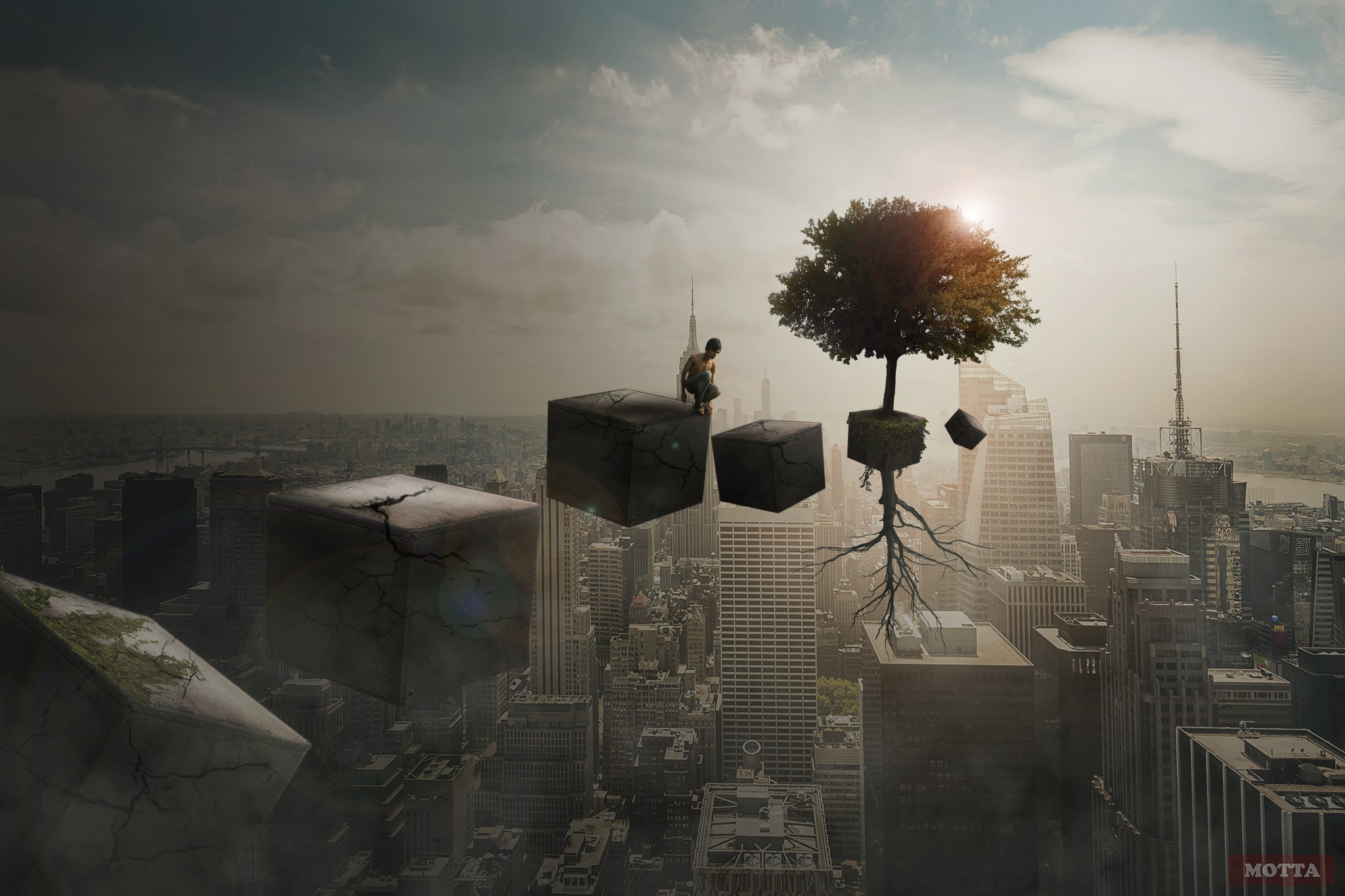 General 2048x1365 city photoshopped digital art trees men cube 3D Blocks CGI cityscape sky