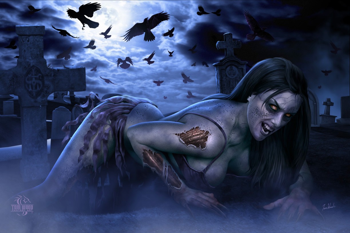 General 1224x816 zombies horror dark corpse birds graveyards night artwork watermarked glowing eyes boobs undead women