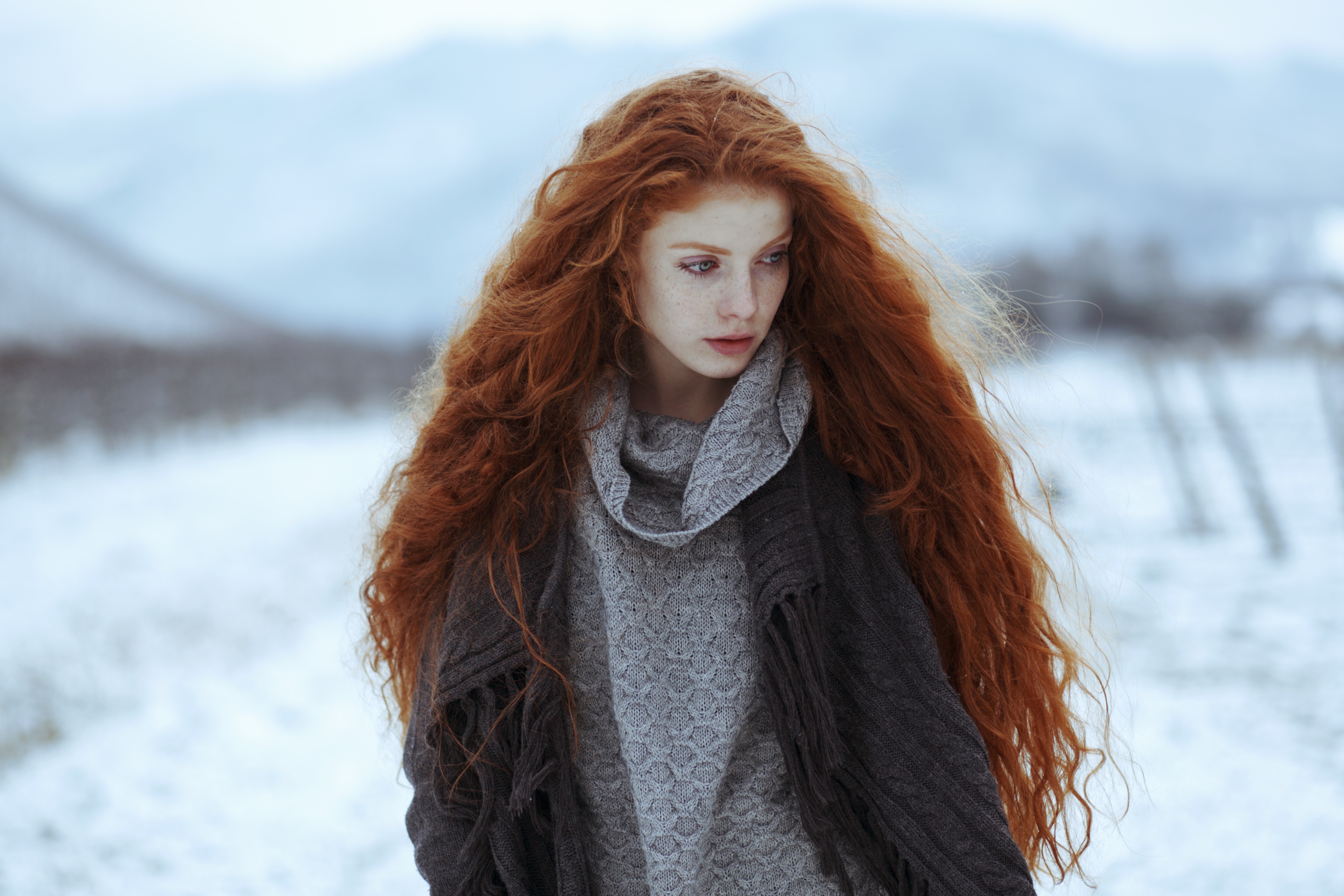 People 5278x3519 redhead women model sweater snow cold long hair looking away women outdoors outdoors winter pale