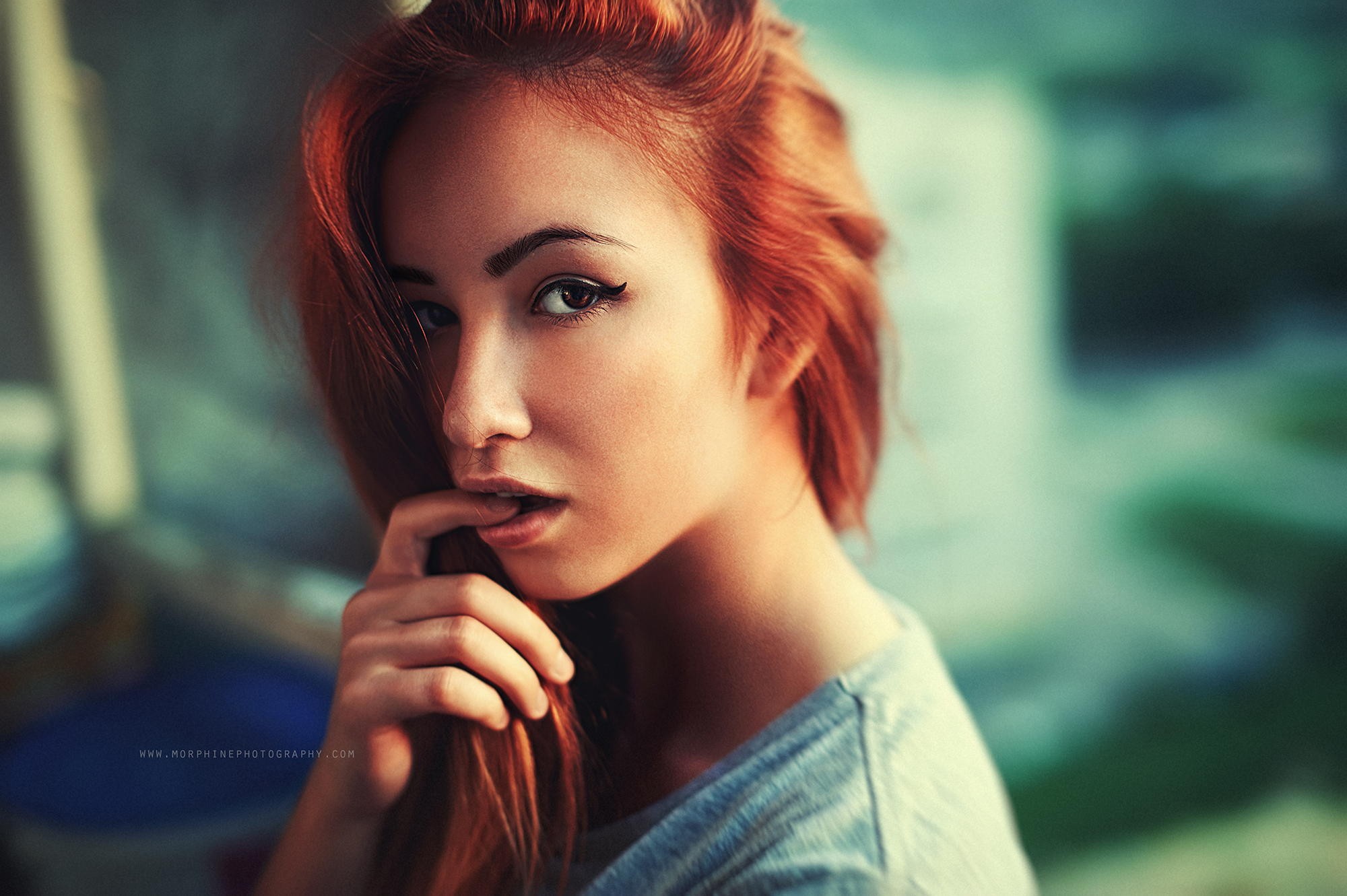People 2000x1331 women model looking at viewer long hair redhead finger in mouth face depth of field eyes portrait closeup makeup watermarked dyed hair parted lips