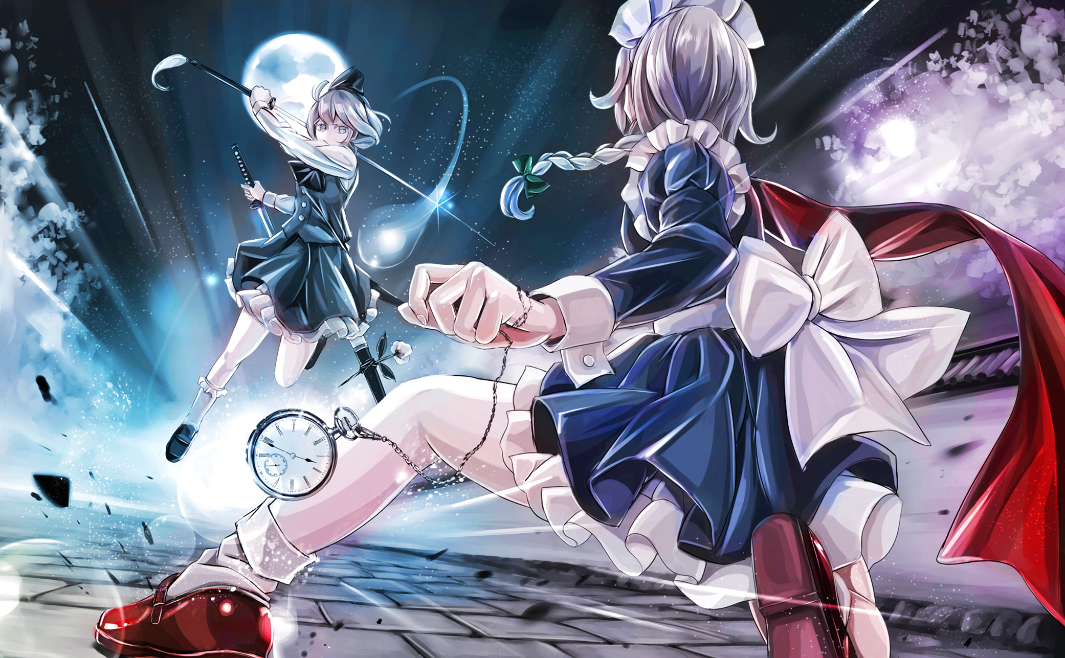 Anime 2082x1287 manga anime anime girls Moon legs clocks weapon Touhou two women fantasy art fantasy girl women with swords sword