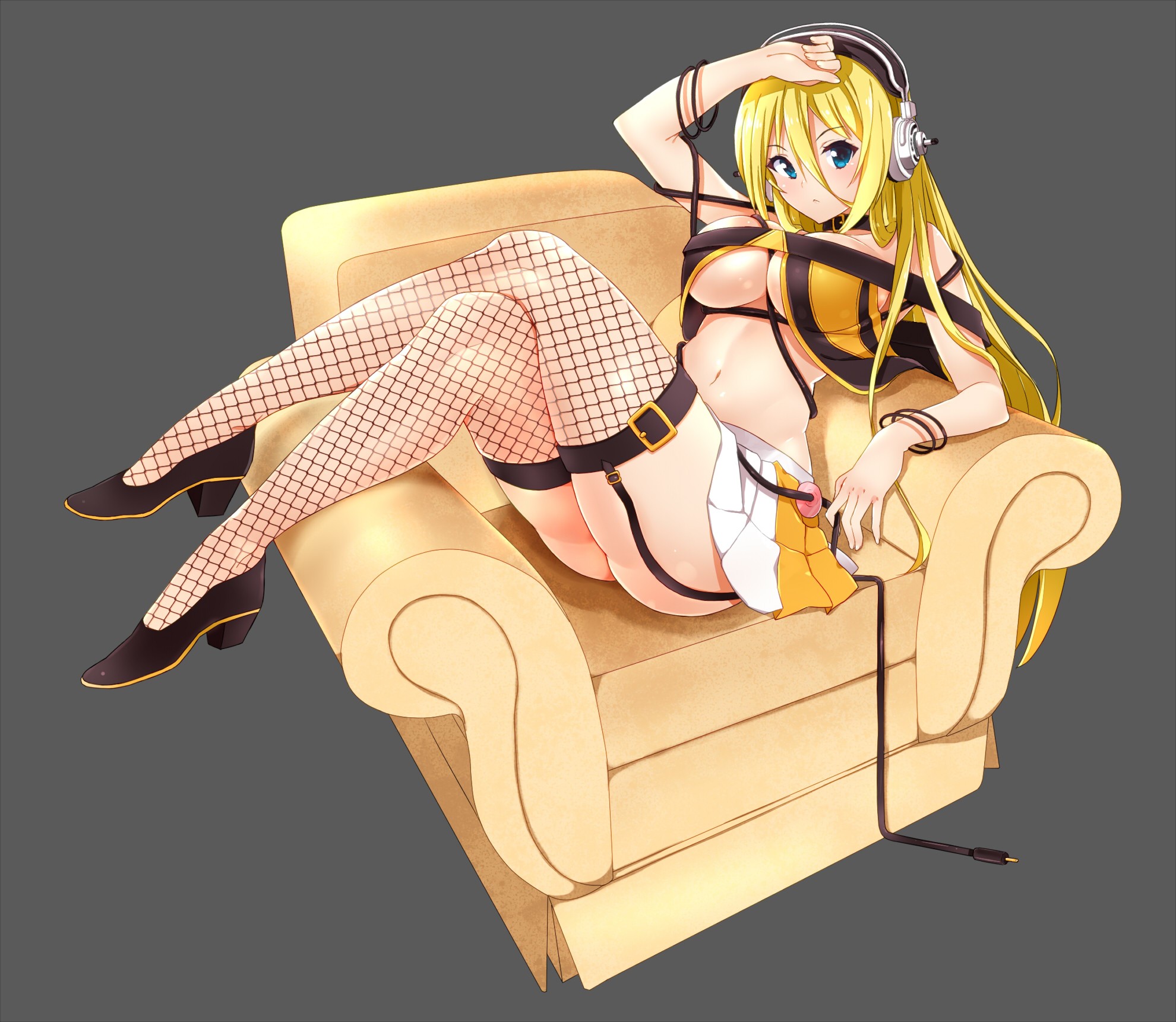 Anime 1980x1721 anime anime girls Vocaloid Lily (Vocaloid) cleavage headphones heels no bra stockings nopan underboob ecchi thighs legs gray background boobs big boobs legs crossed looking at viewer long hair