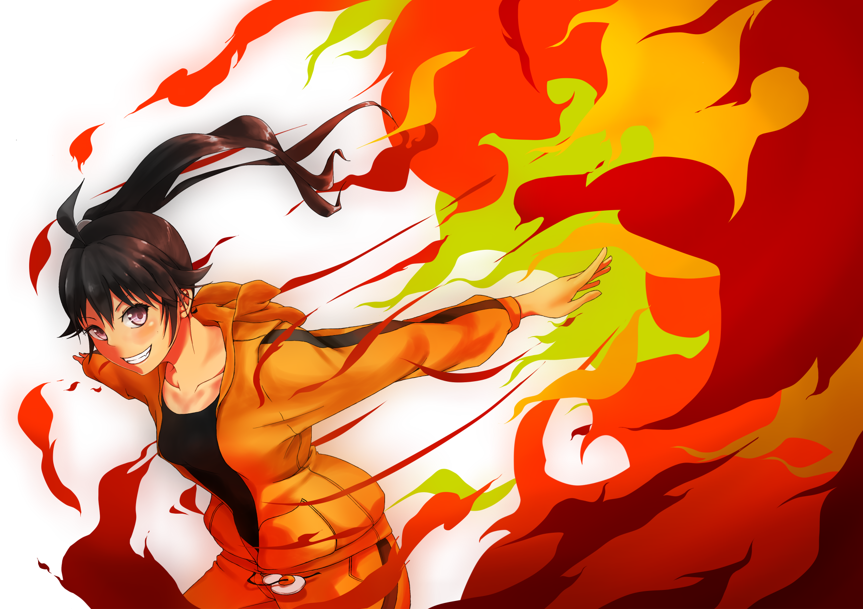 Anime 1719x1214 anime Monogatari Series Araragi Karen anime girls fire burning smiling brunette looking at viewer orange clothing