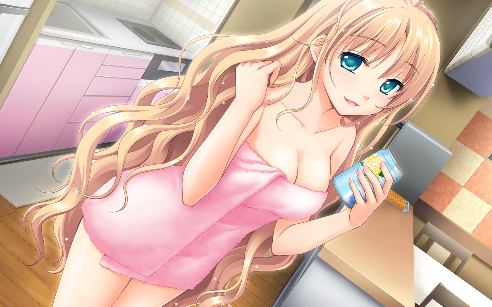 Anime 1680x1050 anime anime girls towel can blue eyes blonde long hair boobs kitchen women indoors indoors aqua eyes