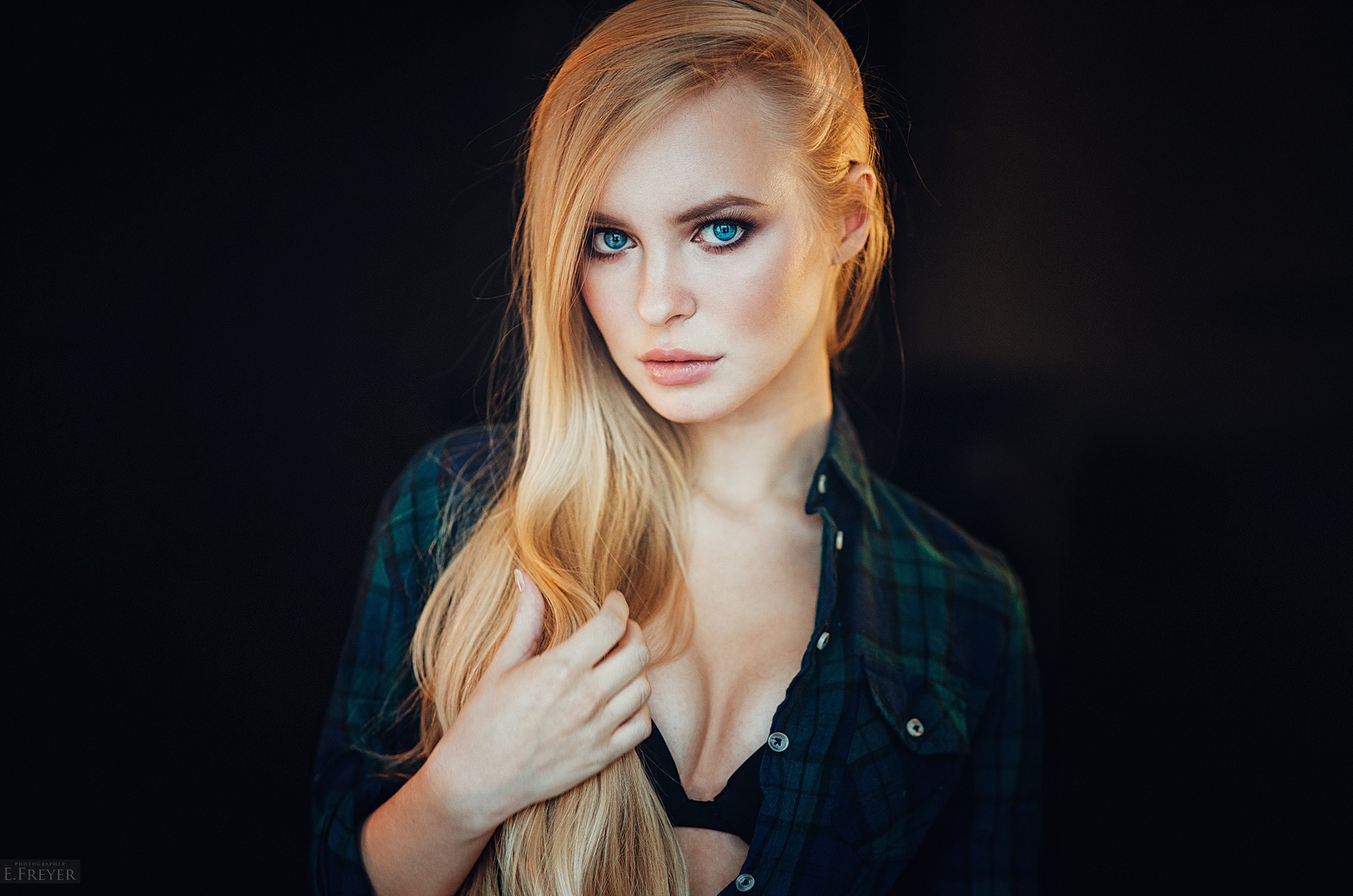 People 1920x1272 women blonde blue eyes simple background face portrait black bras shirt Victoria Pichkurova Evgeny Freyer studio indoors boobs cleavage looking at viewer makeup open shirt closed mouth watermarked