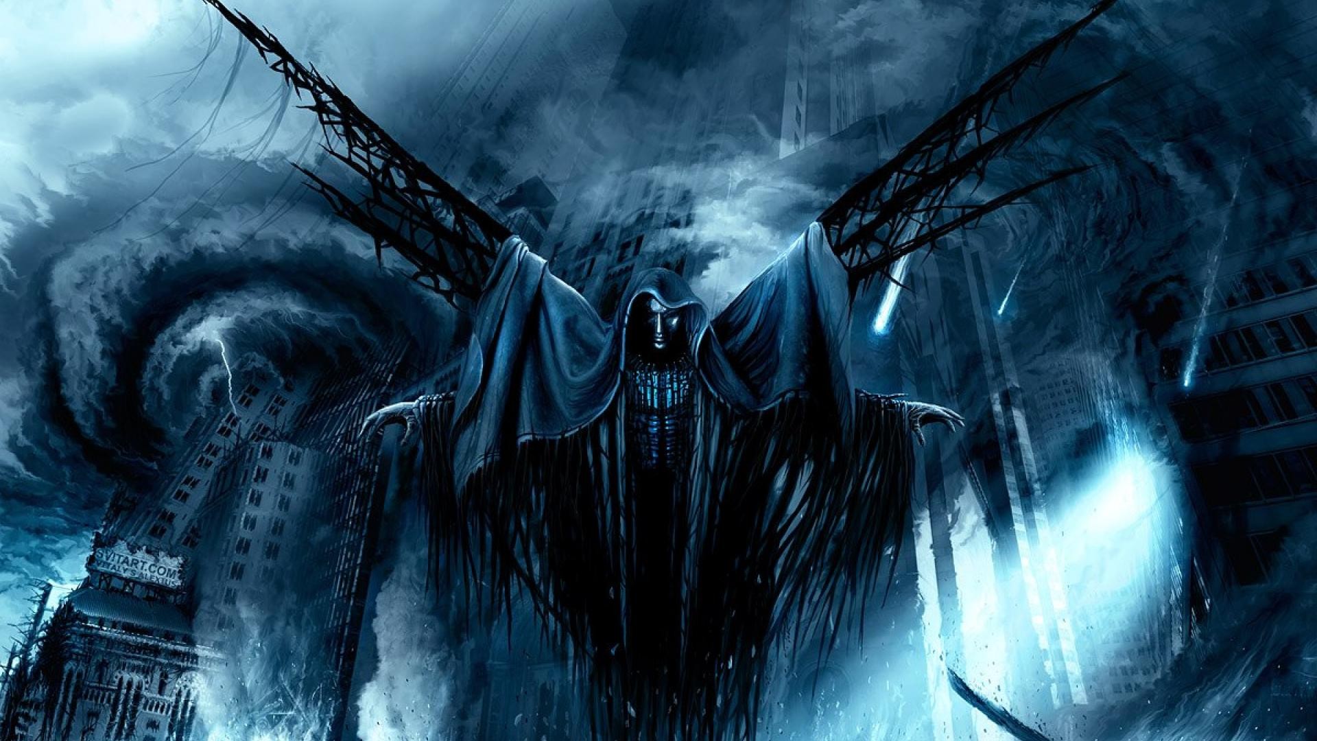 General 1920x1080 creepy horror fantasy art dark cyan storm blue death city
