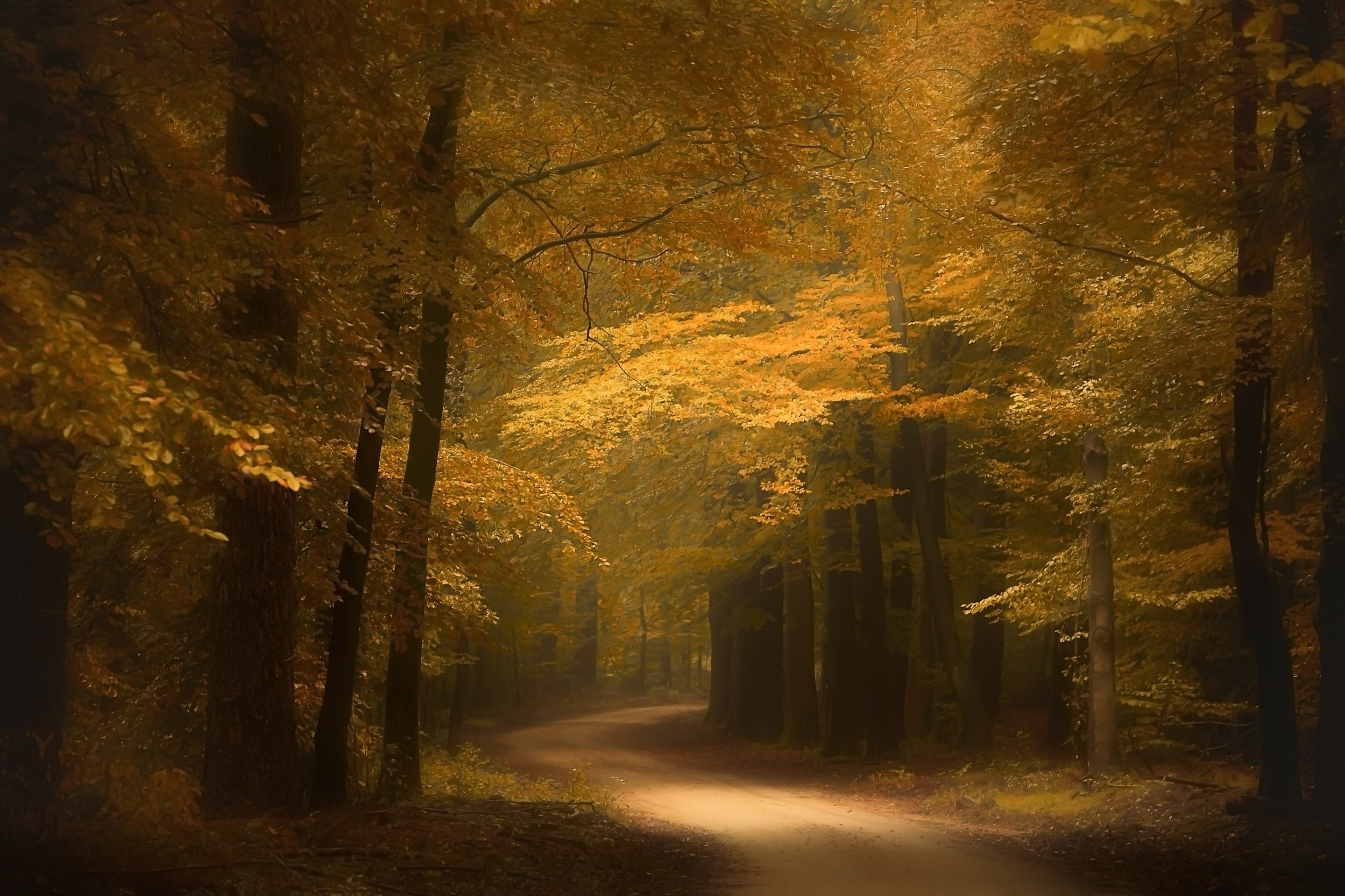 General 2500x1666 photography nature forest road fall yellow trees Netherlands