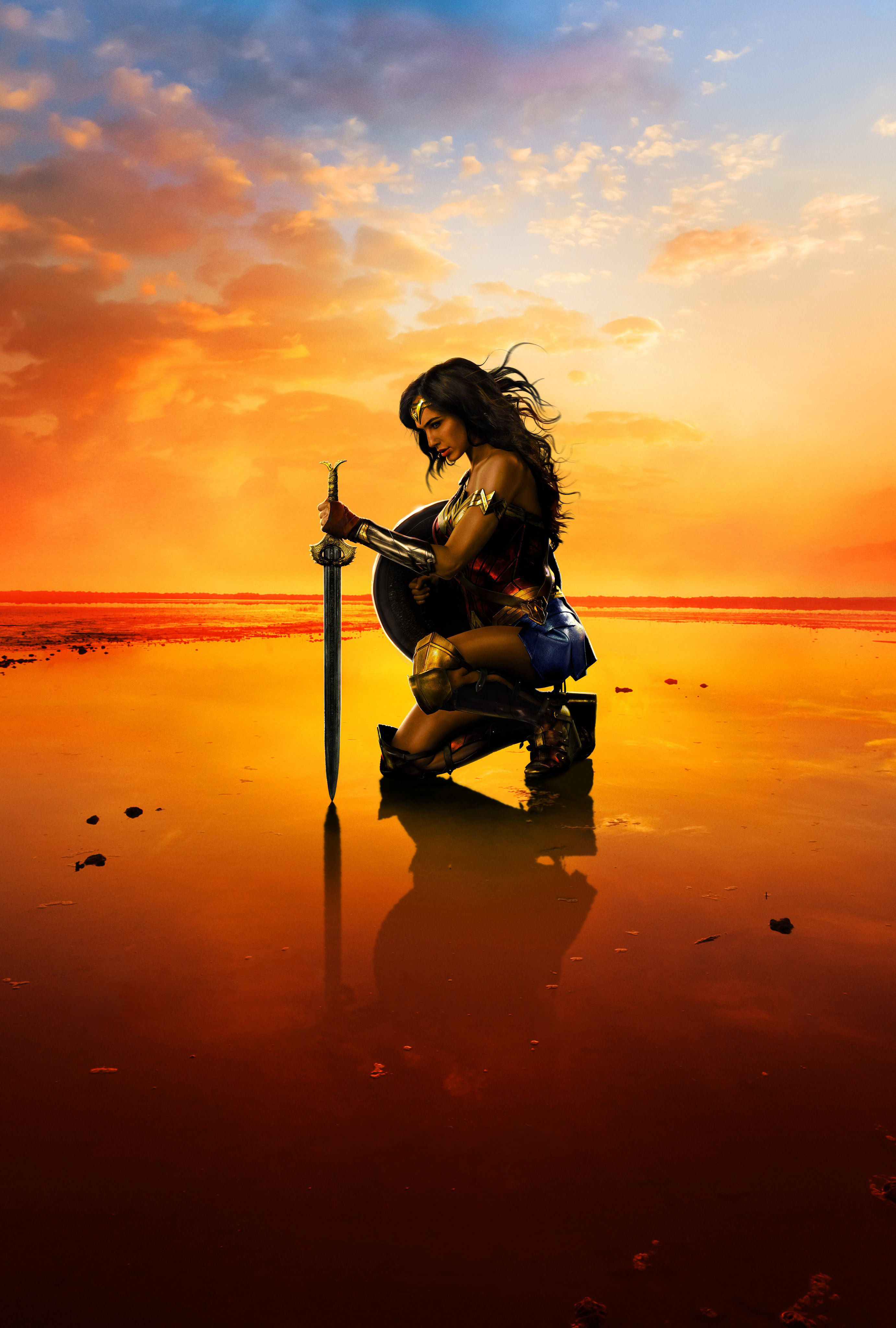People 2764x4096 movie poster Wonder Woman portrait display Gal Gadot women DC Extended Universe superheroines kneeling sword girls with guns women with swords sky sunlight movies reflection clouds