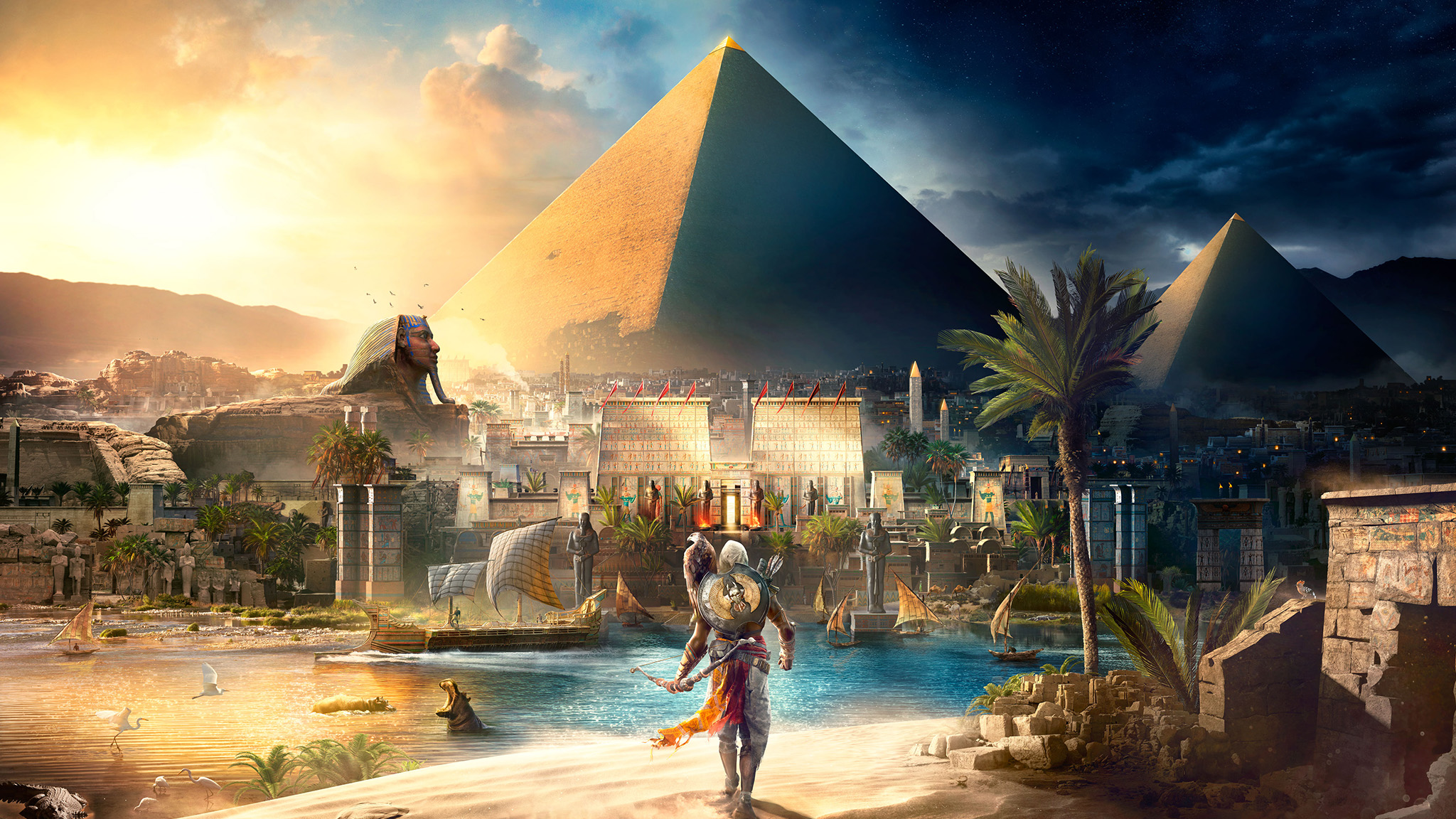 General 2048x1152 Assassin's Creed Egypt Pyramids of Giza Bayek eagle Ubisoft landscape boat river Nile video games sphynx Assassin's Creed: Origins video game art PC gaming