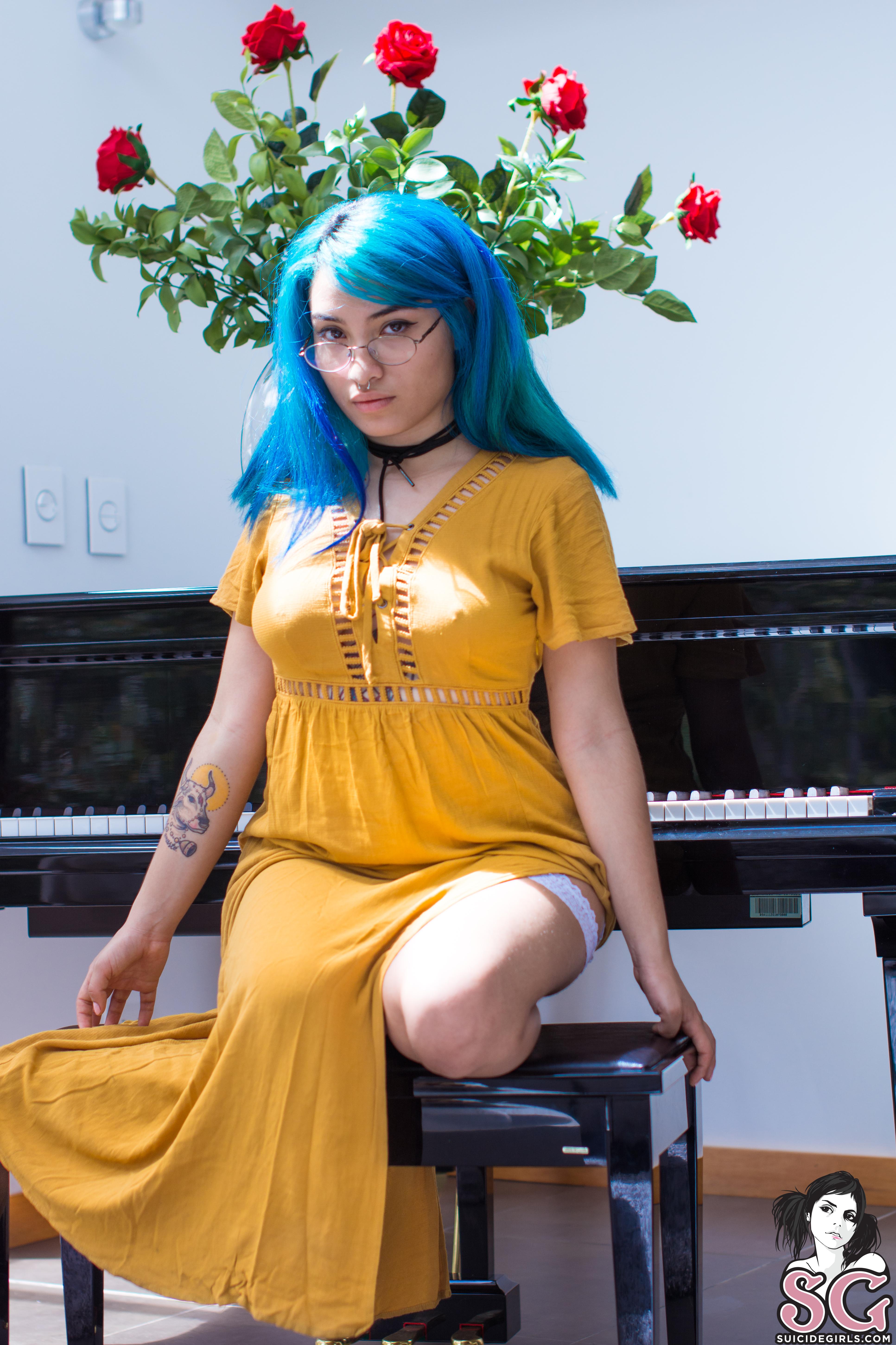 People 3866x5799 Suicide Girls tattoo women dress glasses piano blue hair Redaura women with glasses dyed hair pierced septum