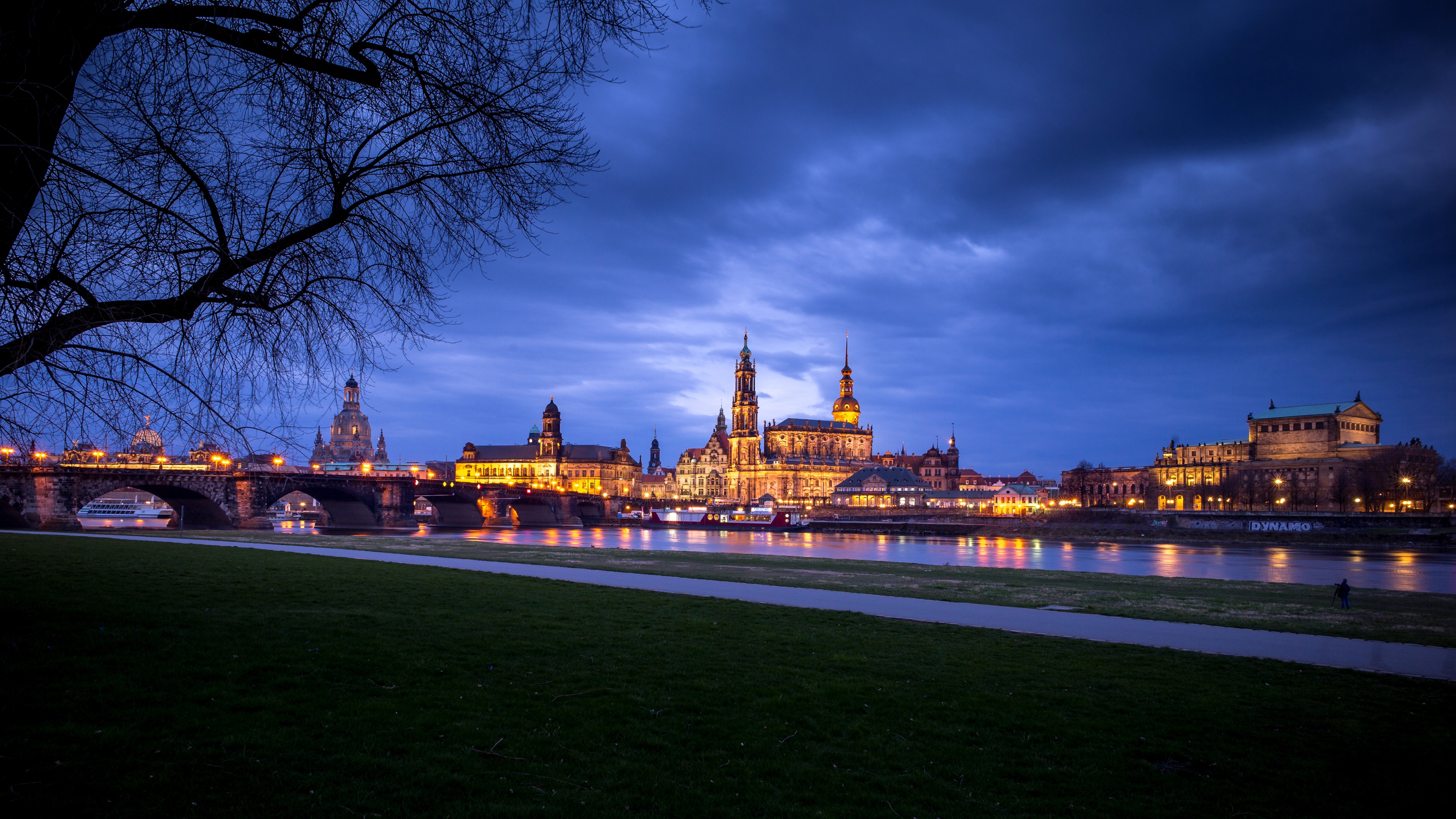 General 3840x2160 building house city cityscape Dresden Germany evening lights cathedral clouds river trees grass bridge reflection old building ship path church tower long exposure