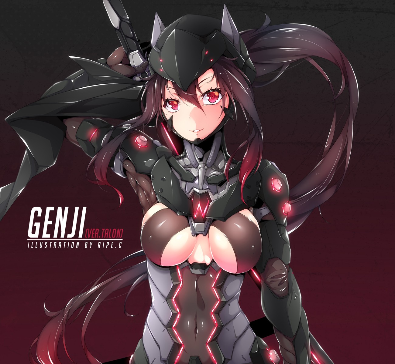 Anime 1300x1200 anime anime girls Genji (Overwatch) sword armor long hair red eyes Overwatch
