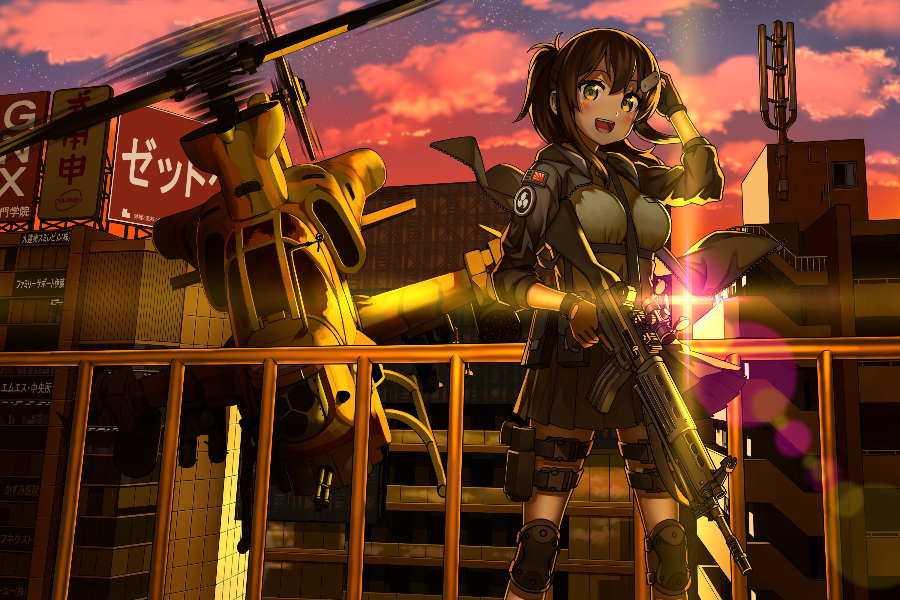 Anime 3000x2000 anime anime girls brunette sunset weapon long hair green eyes gun skirt Galil original characters girls with guns helicopters ponytail thighs black skirts