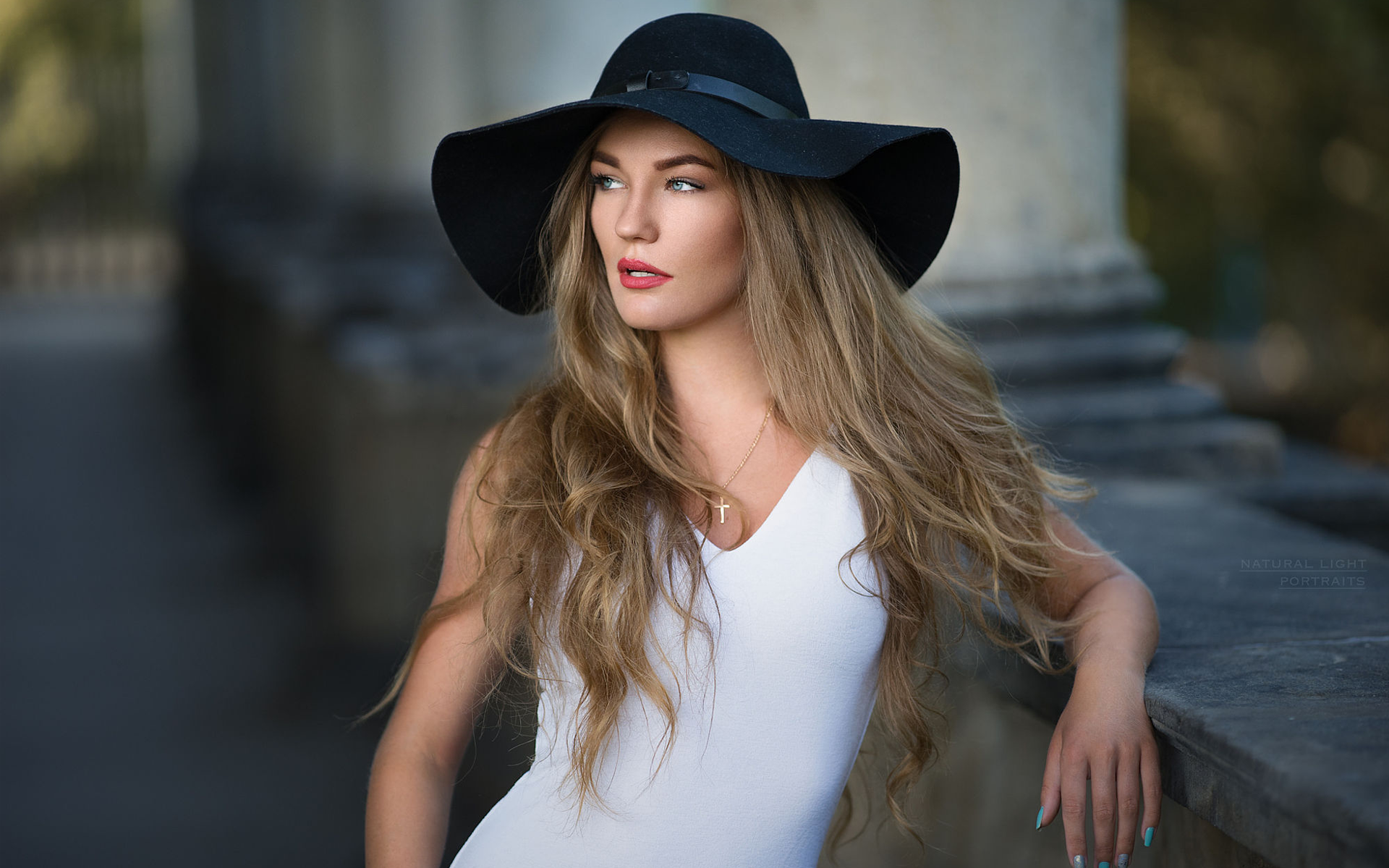 People 1920x1200 long hair millinery looking away open mouth standing white dress hat blue nails women