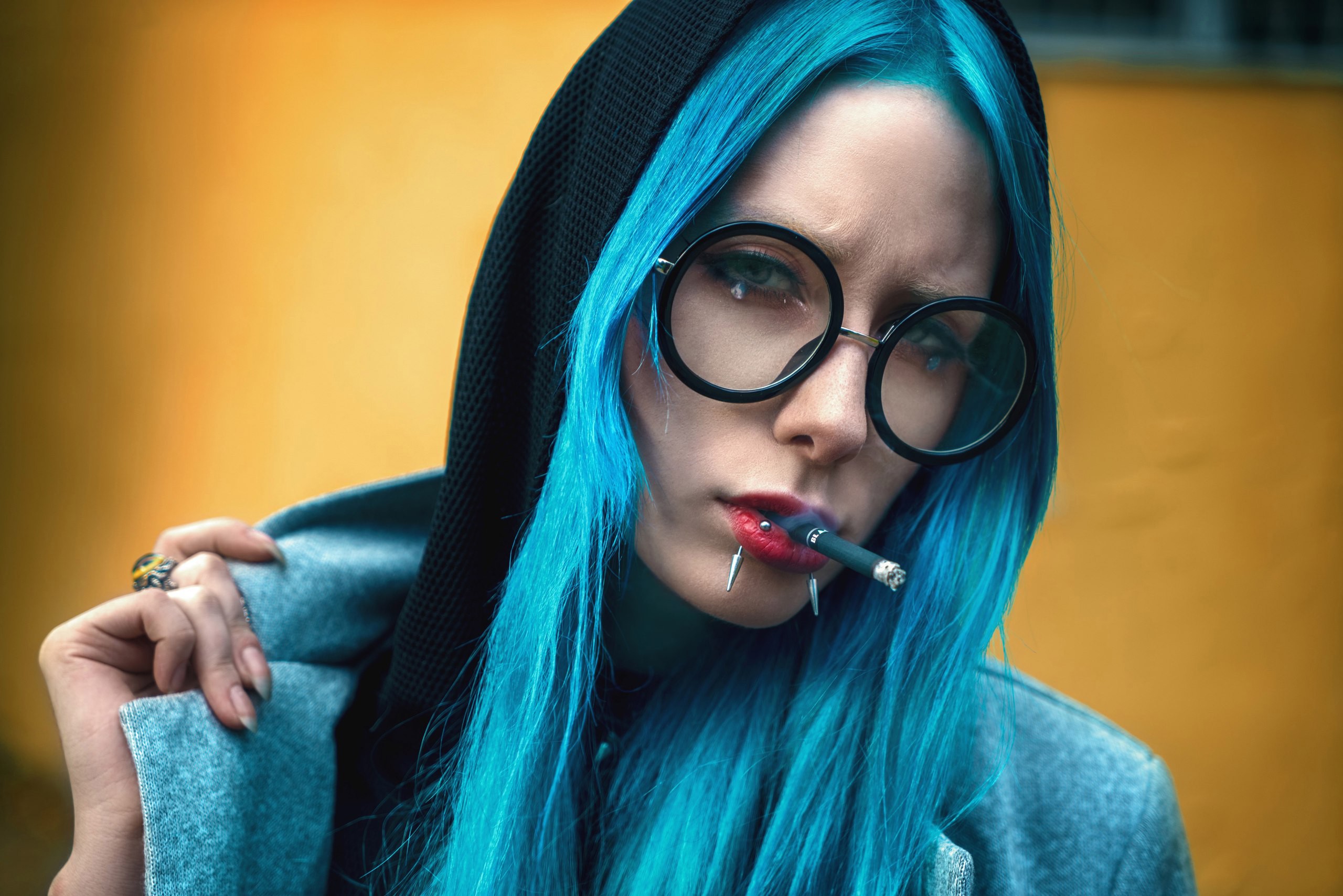 People 2560x1708 women portrait dyed hair glasses face pierced lip women with glasses hoods cigarettes smoke smoking