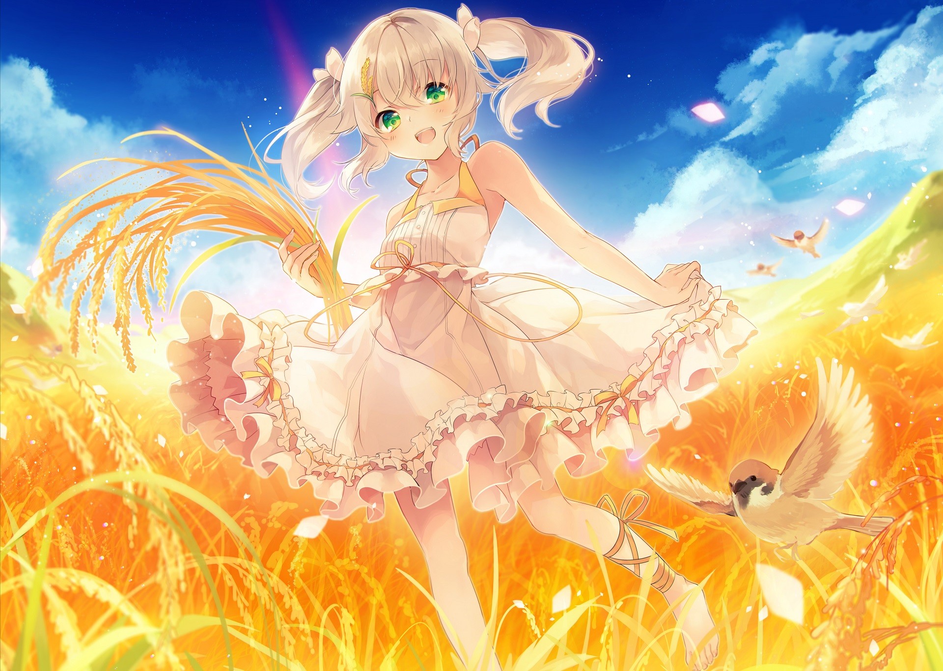 Anime 1920x1366 anime anime girls blonde green eyes birds twintails dress field wheat artwork Shinia