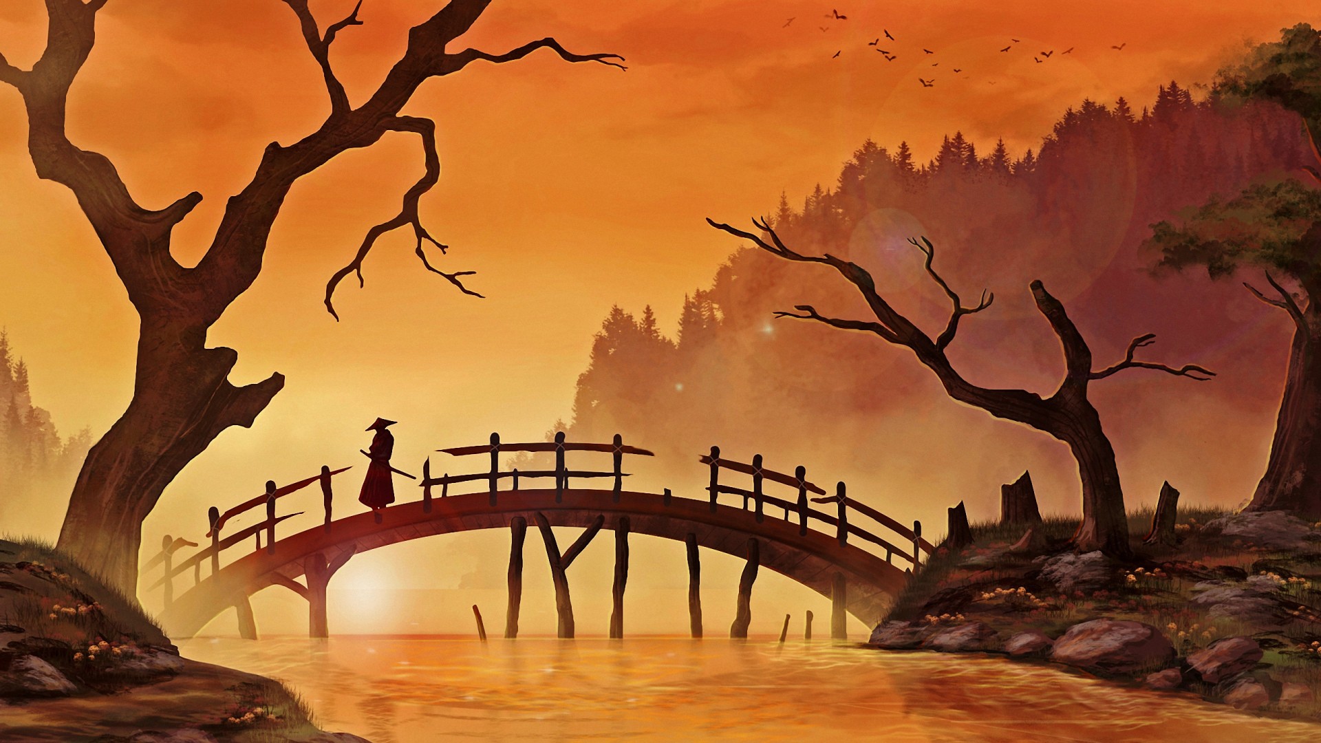 fantasy art, sunset, river, samurai, dead trees, bridge, birds, forest