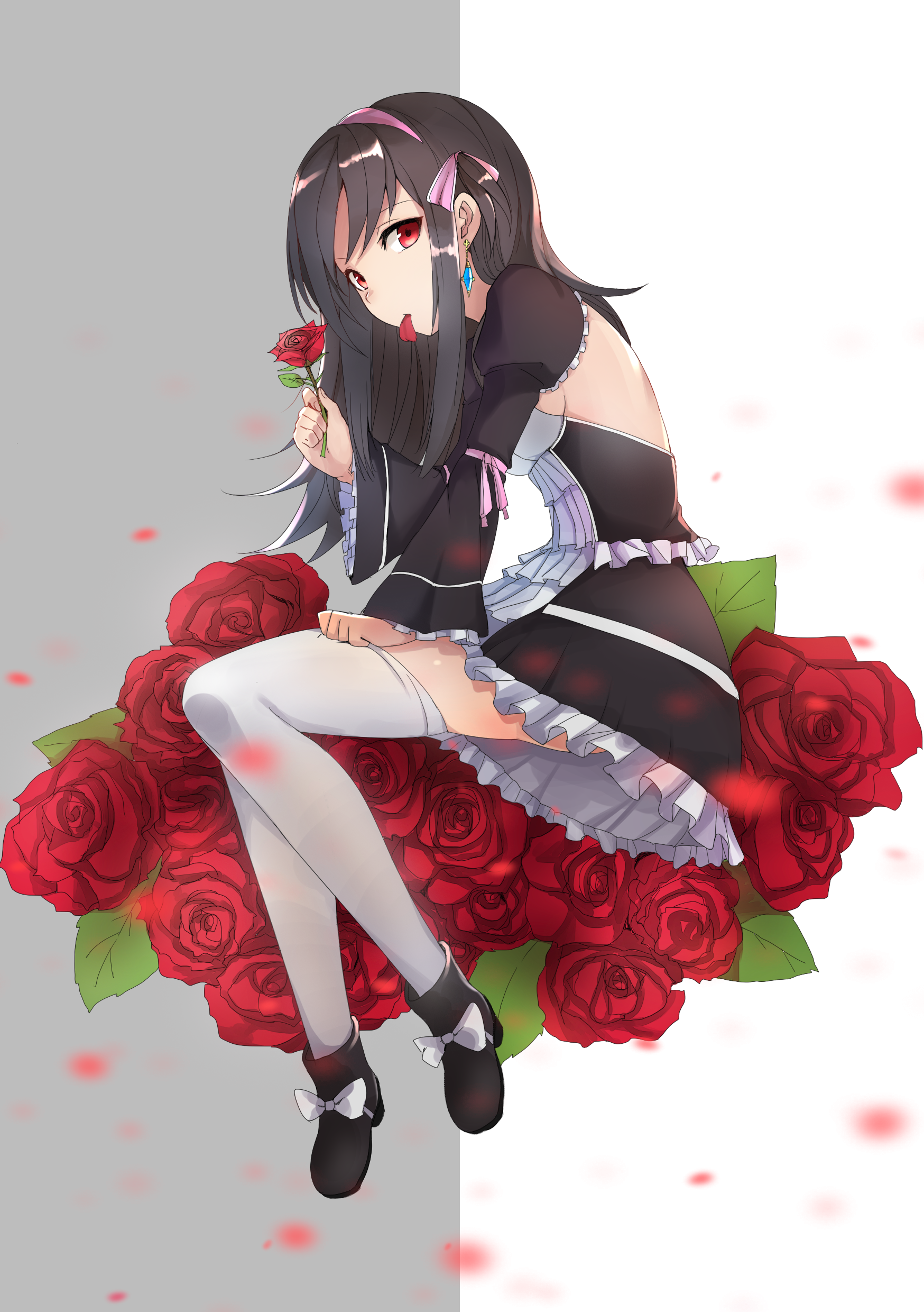 Anime 1748x2480 anime anime girls flowers stockings long hair black hair red eyes thigh-highs dress Luse Maonang