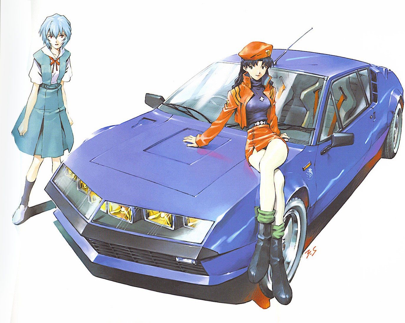 Anime 1373x1094 anime Neon Genesis Evangelion car anime girls Katsuragi Misato Ayanami Rei