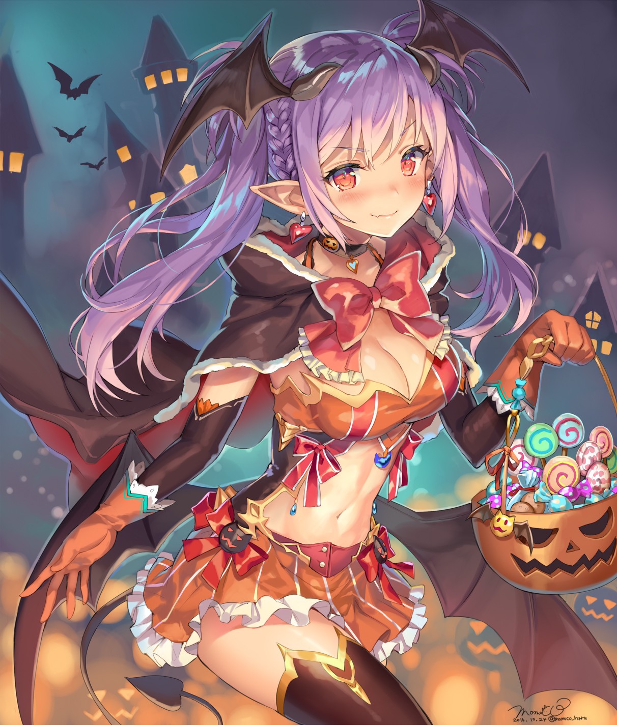 Anime 1212x1425 Halloween cleavage pointy ears tail thigh-highs wings demon girls succubus purple hair red eyes blushing smiling anime girls Momoko cape leotard belly miniskirt portrait display candy looking at viewer braids bow tie