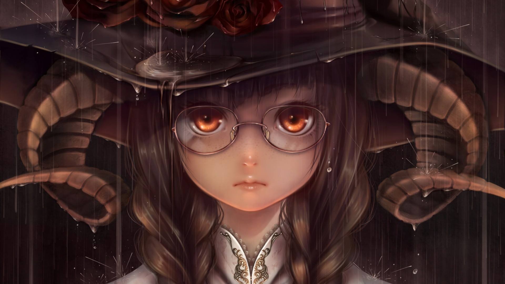 Anime 1920x1080 horns witch women with glasses face closeup glasses witch hat brown eyes brunette braids rain anime girls Bouno Satoshi