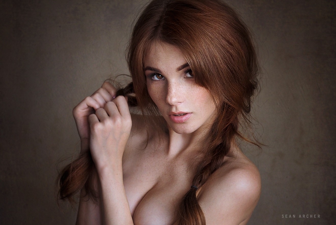 People 1320x885 women simple background redhead bare shoulders face braids portrait brown eyes cleavage Sean Archer twintails freckles looking at viewer hand(s) in hair Anna Fedotova